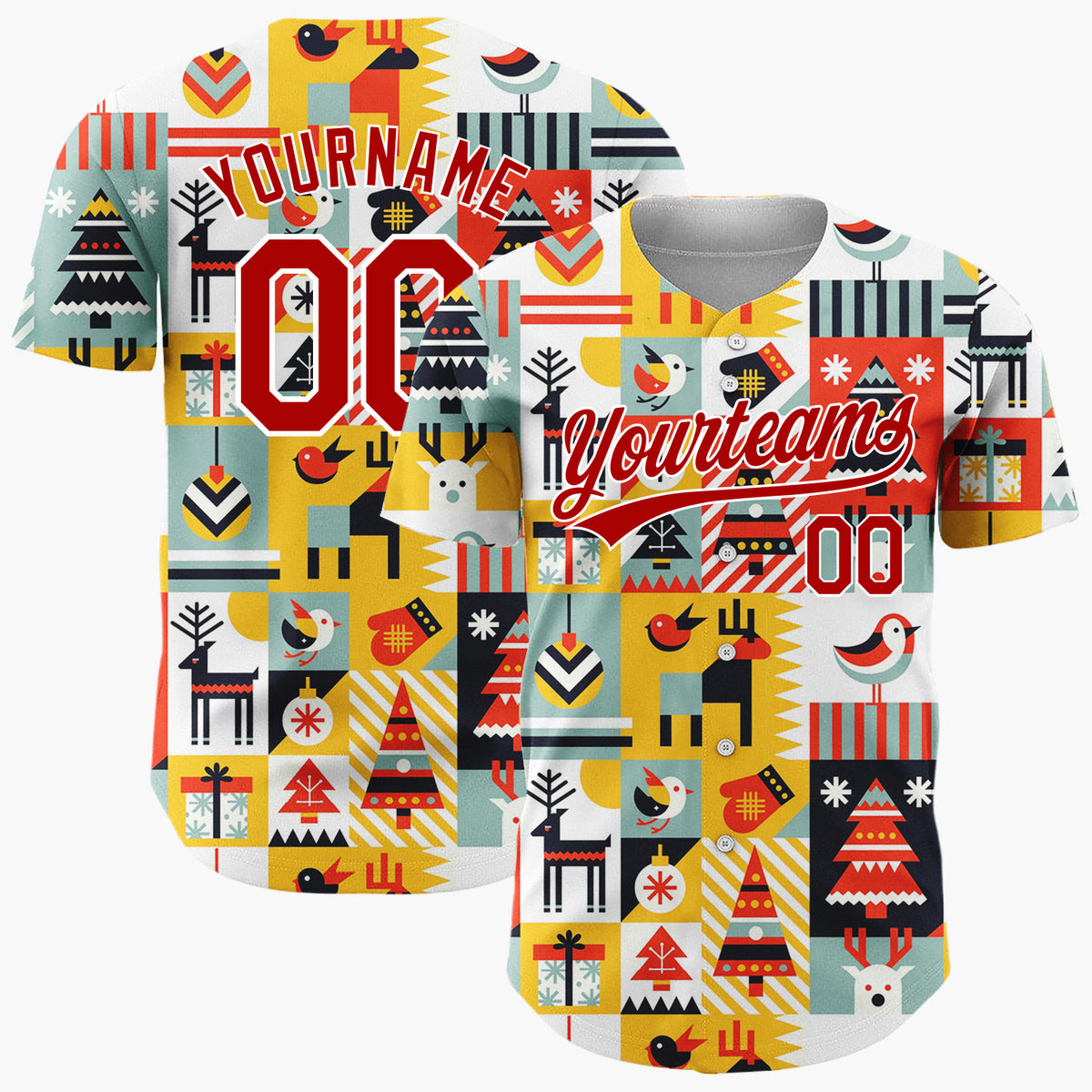 Custom Yellow Multi Color Geometric Reindeer And Trees Graphic Block Pattern Christmas Baseball Jersey
