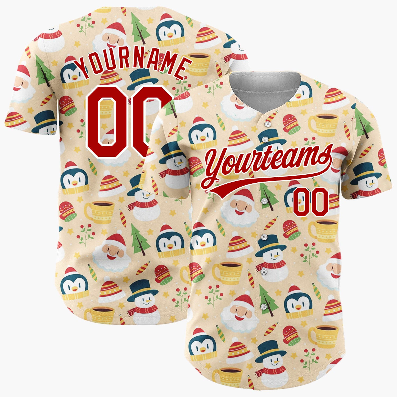 Custom Yellow Snowman Penguin Cozy Winter Cartoon Pattern Christmas Baseball Jersey