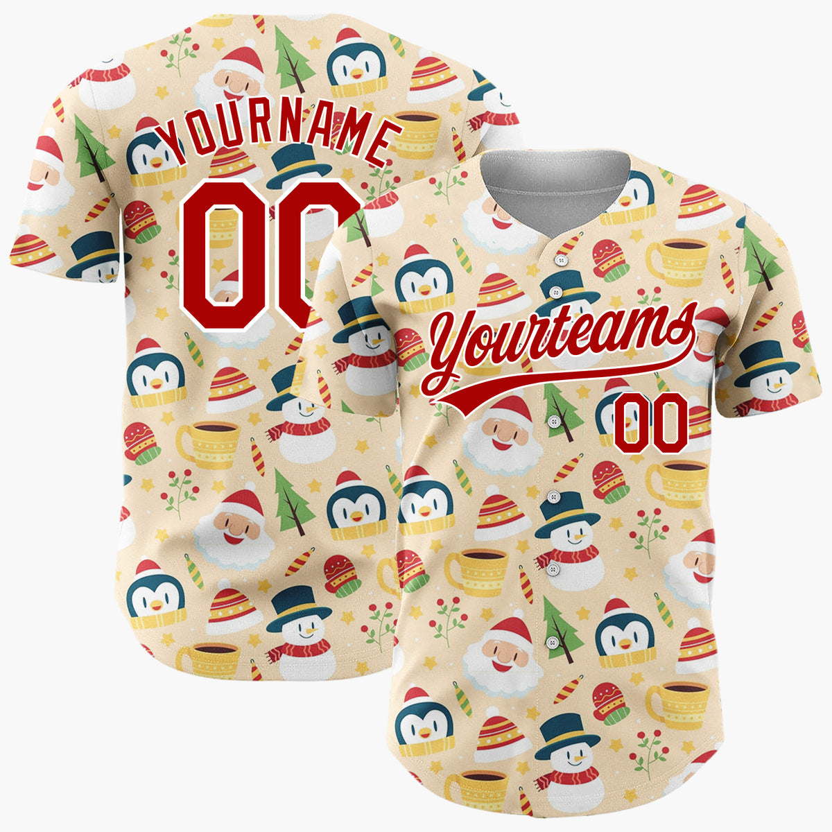 Custom Yellow Snowman Penguin Cozy Winter Cartoon Pattern Christmas Baseball Jersey