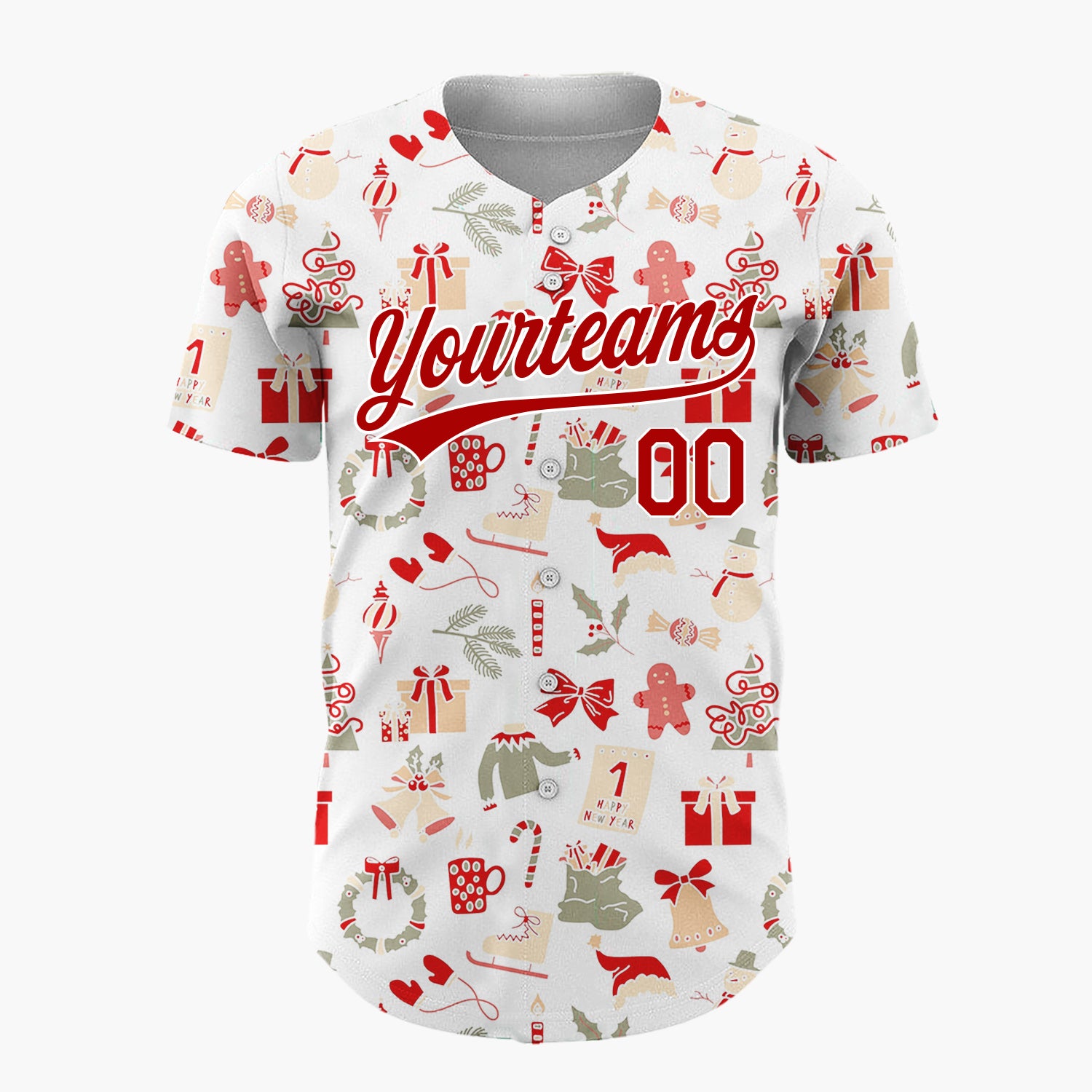 Custom White Scattered Red Olive Holiday Icons Whimsical Christmas Baseball Jersey