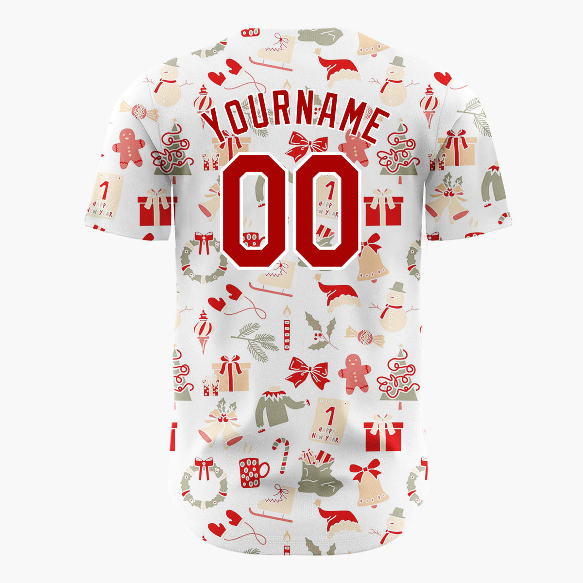 Custom White Scattered Red Olive Holiday Icons Whimsical Christmas Baseball Jersey