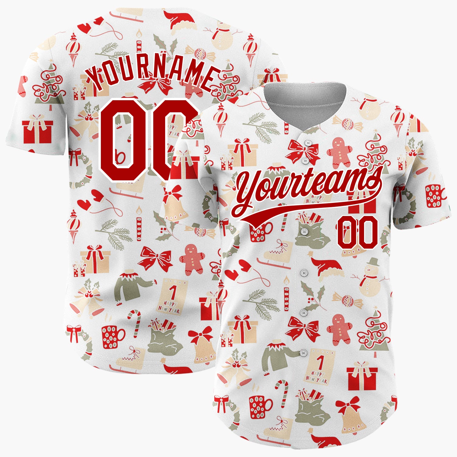 Custom White Scattered Red Olive Holiday Icons Whimsical Christmas Baseball Jersey