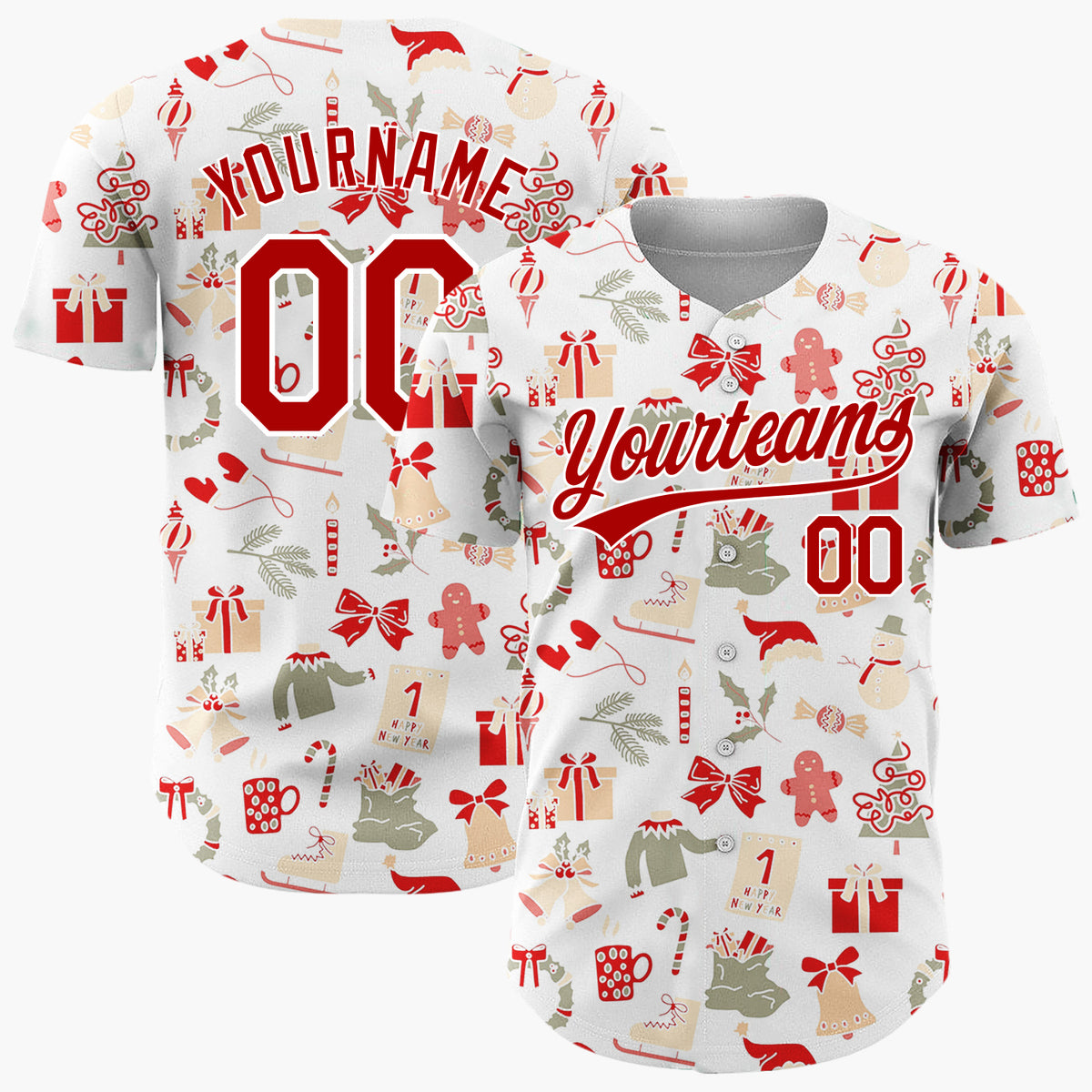 Custom White Scattered Red Olive Holiday Icons Whimsical Christmas Baseball Jersey