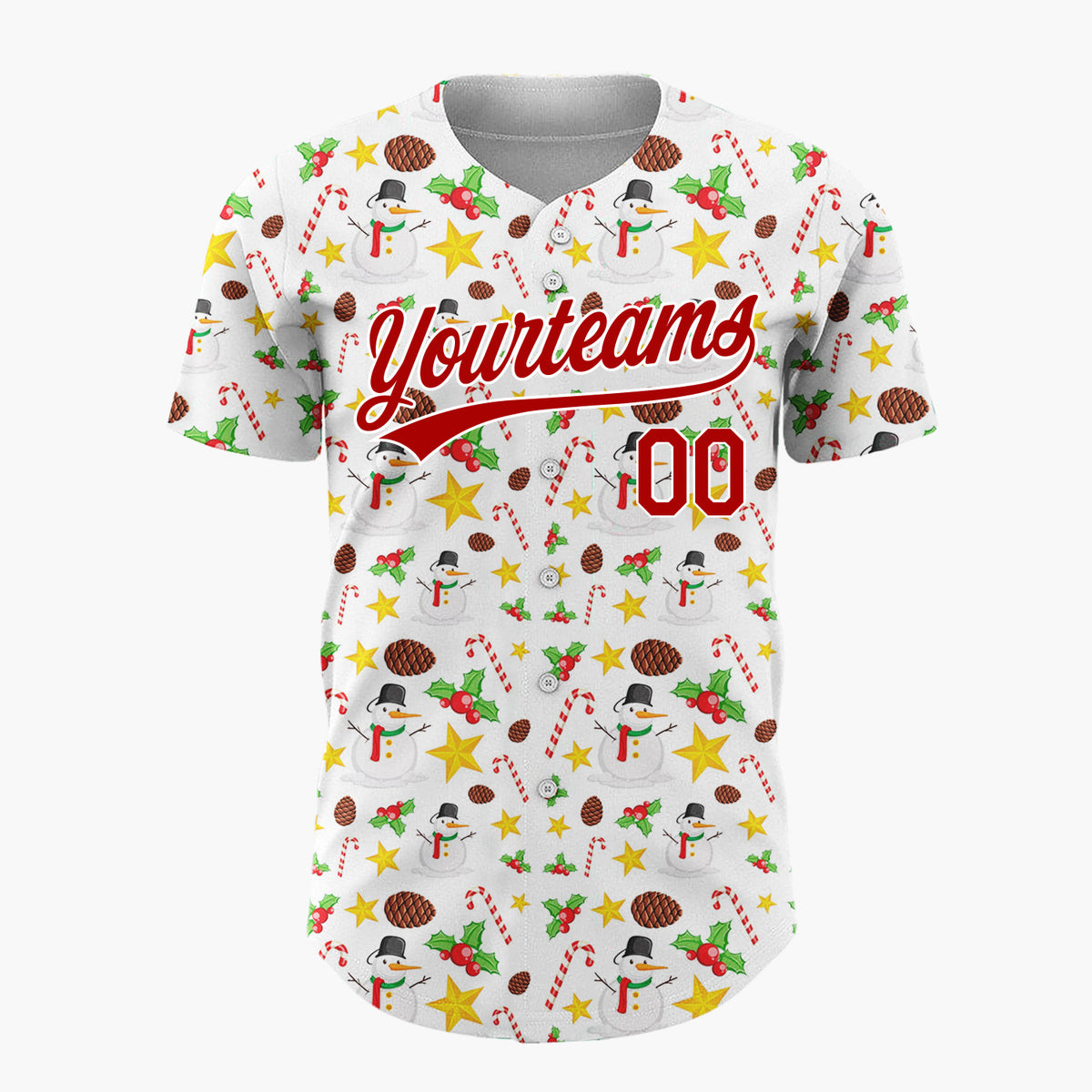 Custom White Red Yellow Snowmen Candy Canes And Stars Classic Holiday Pattern Christmas Baseball Jersey