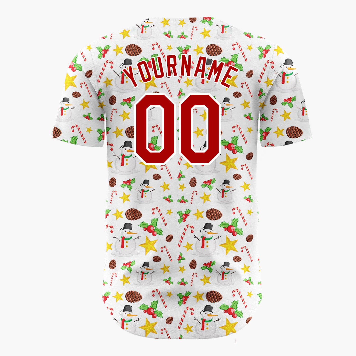 Custom White Red Yellow Snowmen Candy Canes And Stars Classic Holiday Pattern Christmas Baseball Jersey