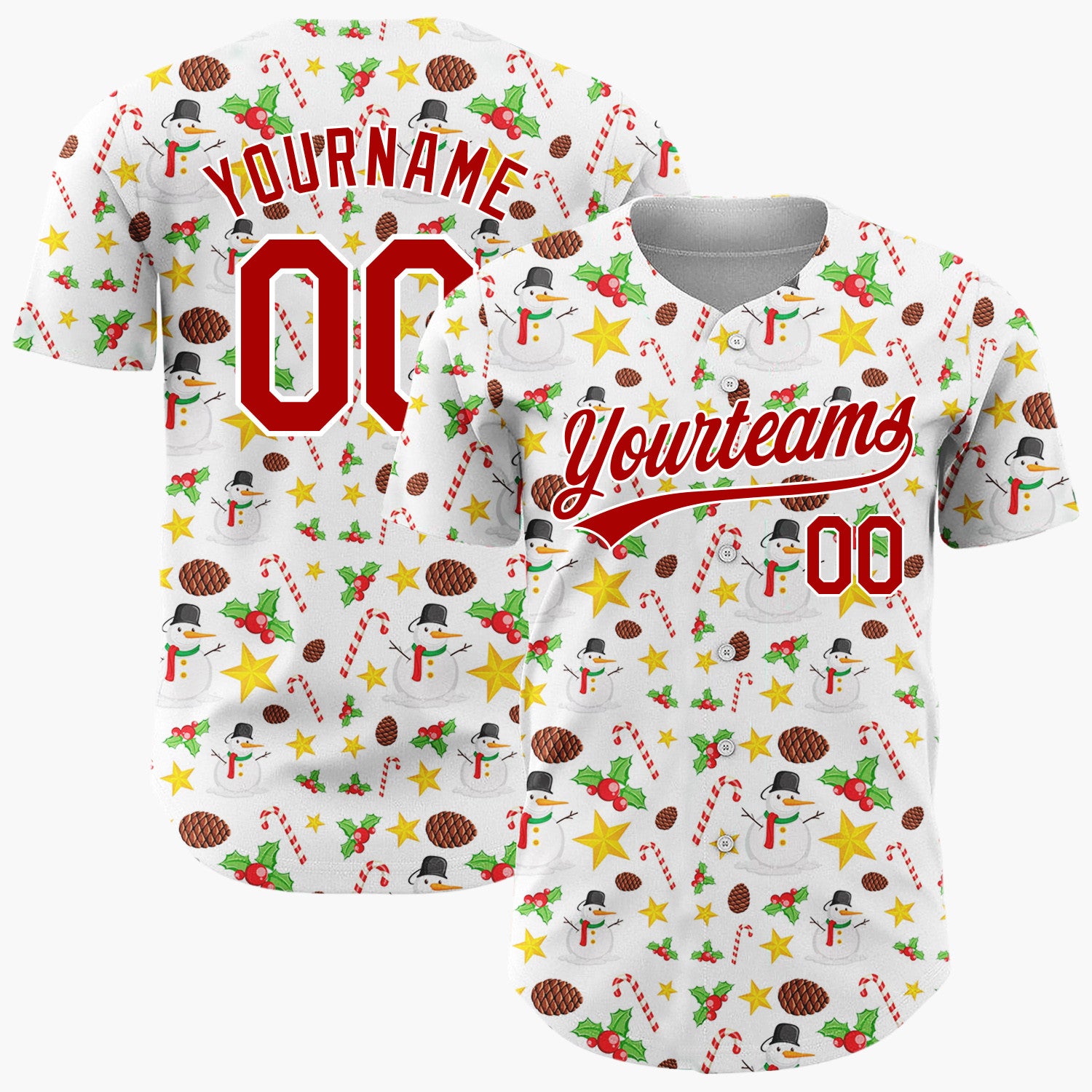 Custom White Red Yellow Snowmen Candy Canes And Stars Classic Holiday Pattern Christmas Baseball Jersey