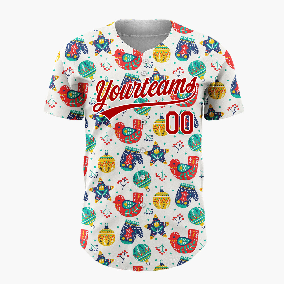 Custom White Red Yellow Birds Mittens And Ornaments Folk Christmas Baseball Jersey