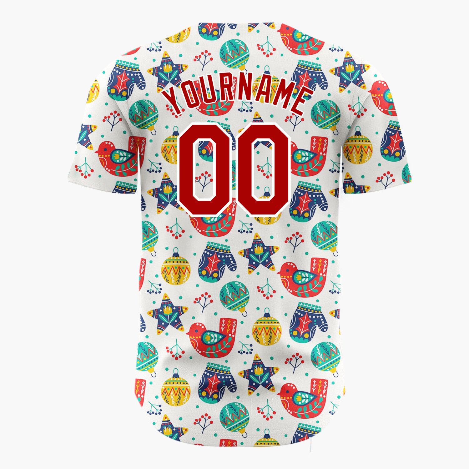 Custom White Red Yellow Birds Mittens And Ornaments Folk Christmas Baseball Jersey