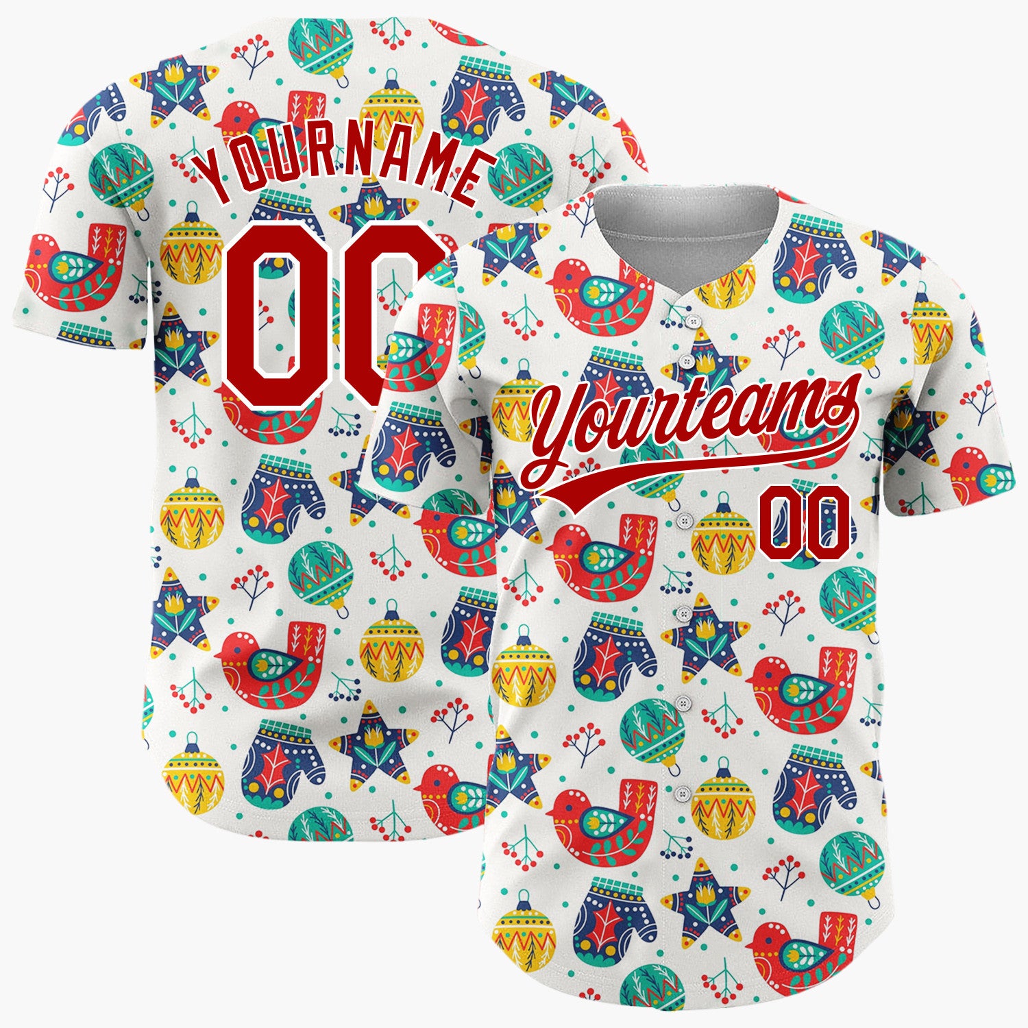 Custom White Red Yellow Birds Mittens And Ornaments Folk Christmas Baseball Jersey