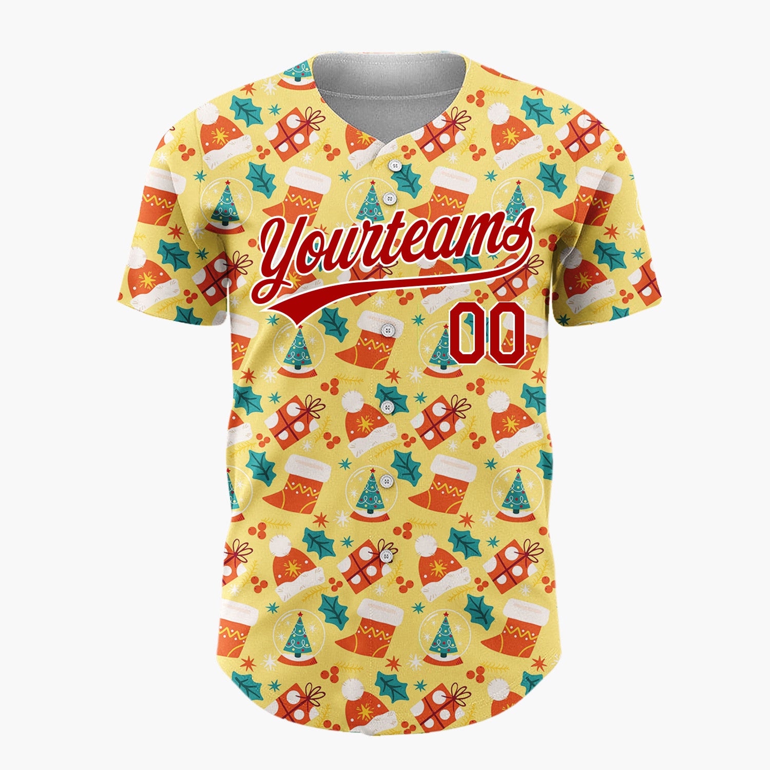 Custom Yellow Red Green Santa Hats Gifts And Holly Cute Christmas Baseball Jersey