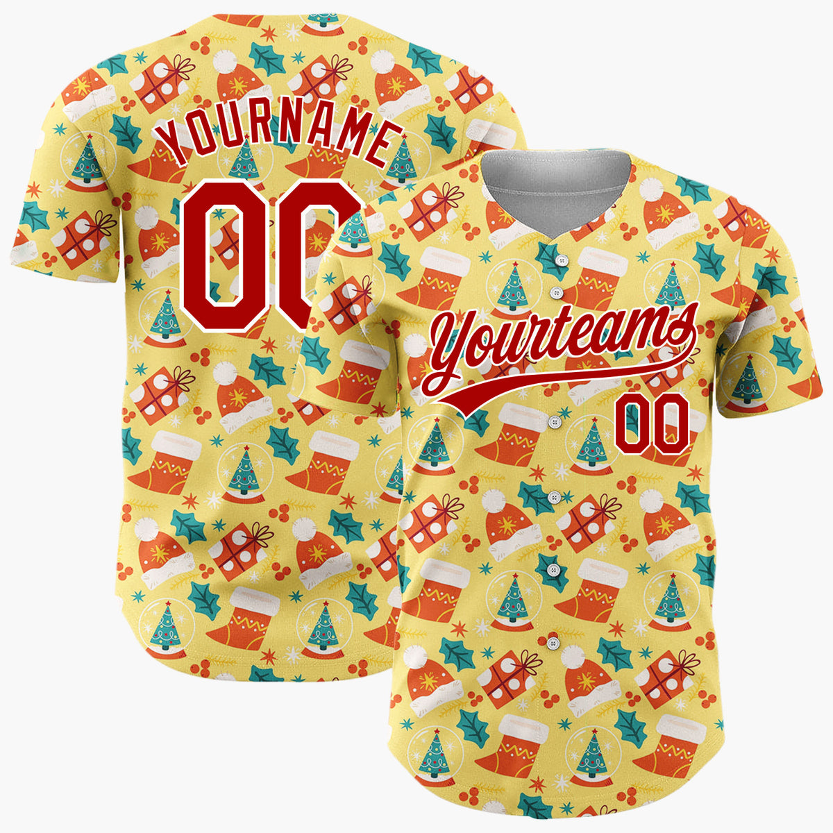 Custom Yellow Red Green Santa Hats Gifts And Holly Cute Christmas Baseball Jersey