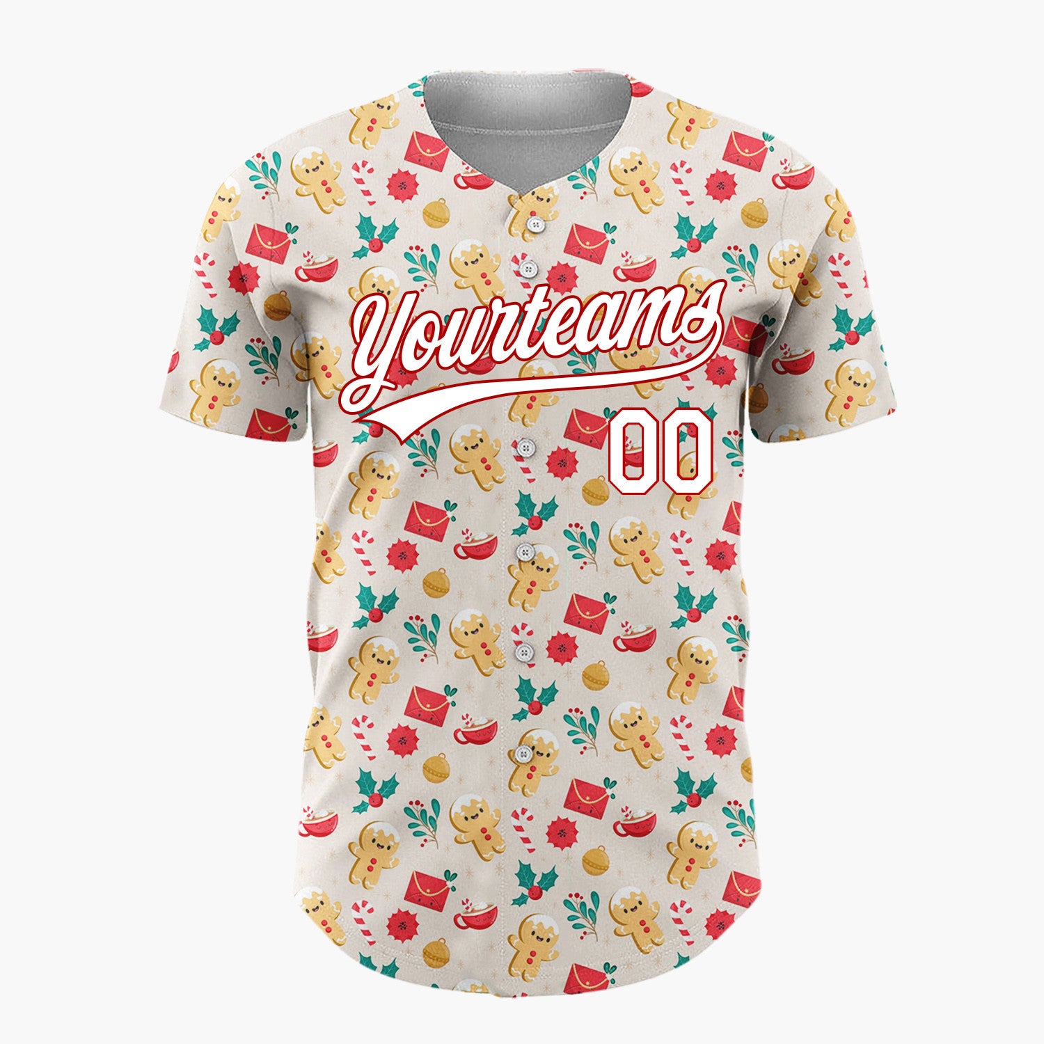 Custom Beige Christmas Gingerman Love Story Simple Cartoon Pattern Christmas Baseball Jersey