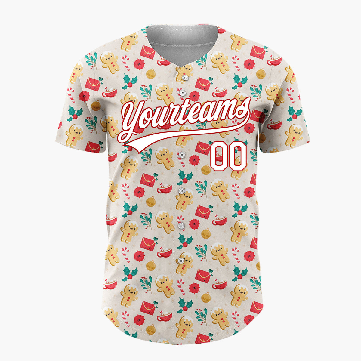 Custom Beige Christmas Gingerman Love Story Simple Cartoon Pattern Christmas Baseball Jersey
