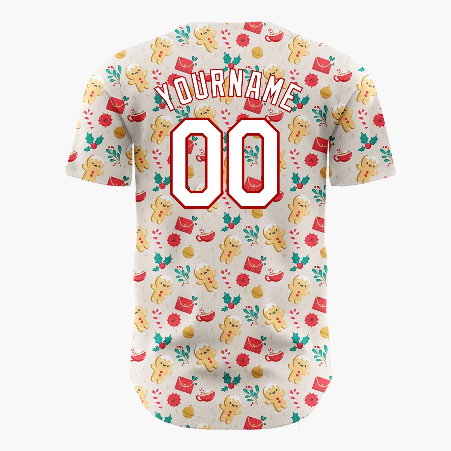 Custom Beige Christmas Gingerman Love Story Simple Cartoon Pattern Christmas Baseball Jersey