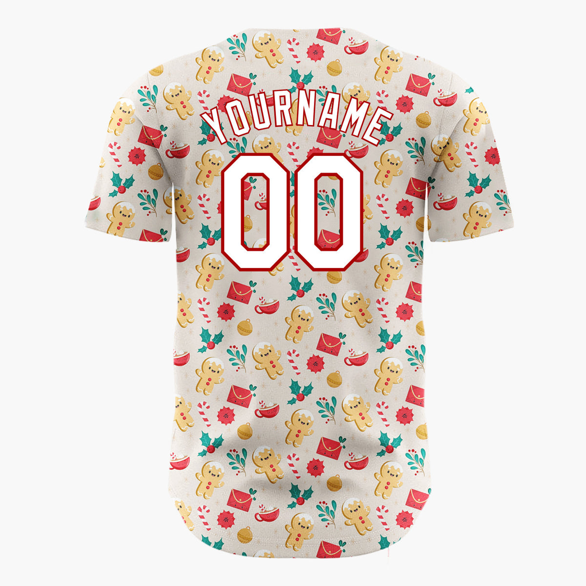 Custom Beige Christmas Gingerman Love Story Simple Cartoon Pattern Christmas Baseball Jersey