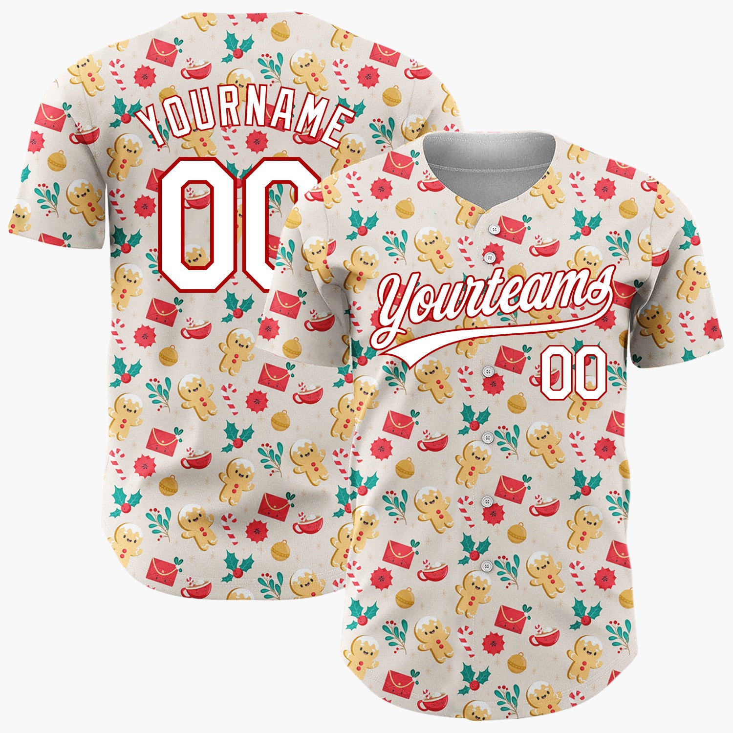 Custom Beige Christmas Gingerman Love Story Simple Cartoon Pattern Christmas Baseball Jersey