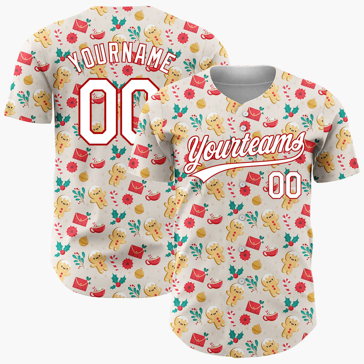 Custom Beige Christmas Gingerman Love Story Simple Cartoon Pattern Christmas Baseball Jersey