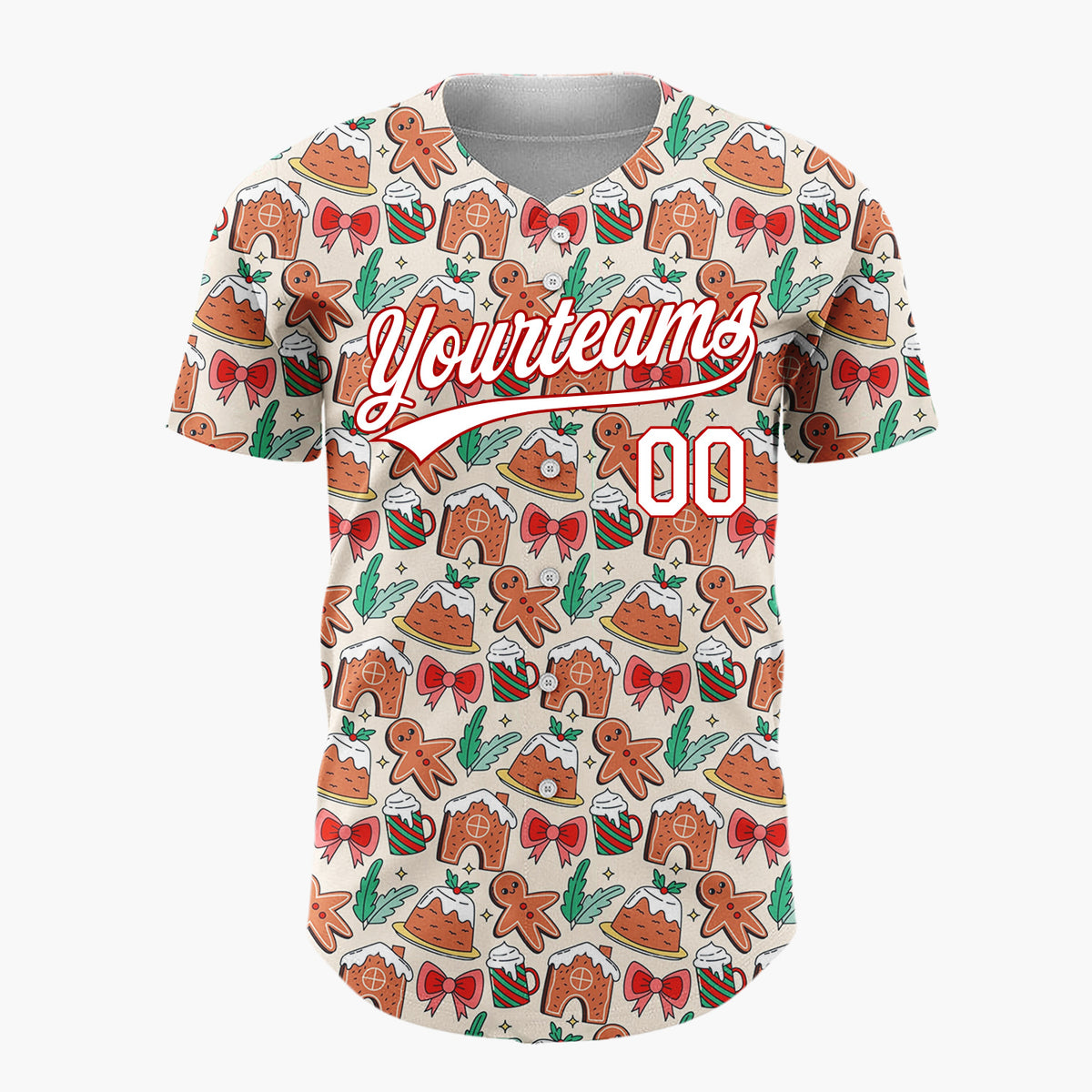 Custom Beige Brown Gingerbread Houses And Man Cute Christmas Baking Pattern Christmas Baseball Jersey
