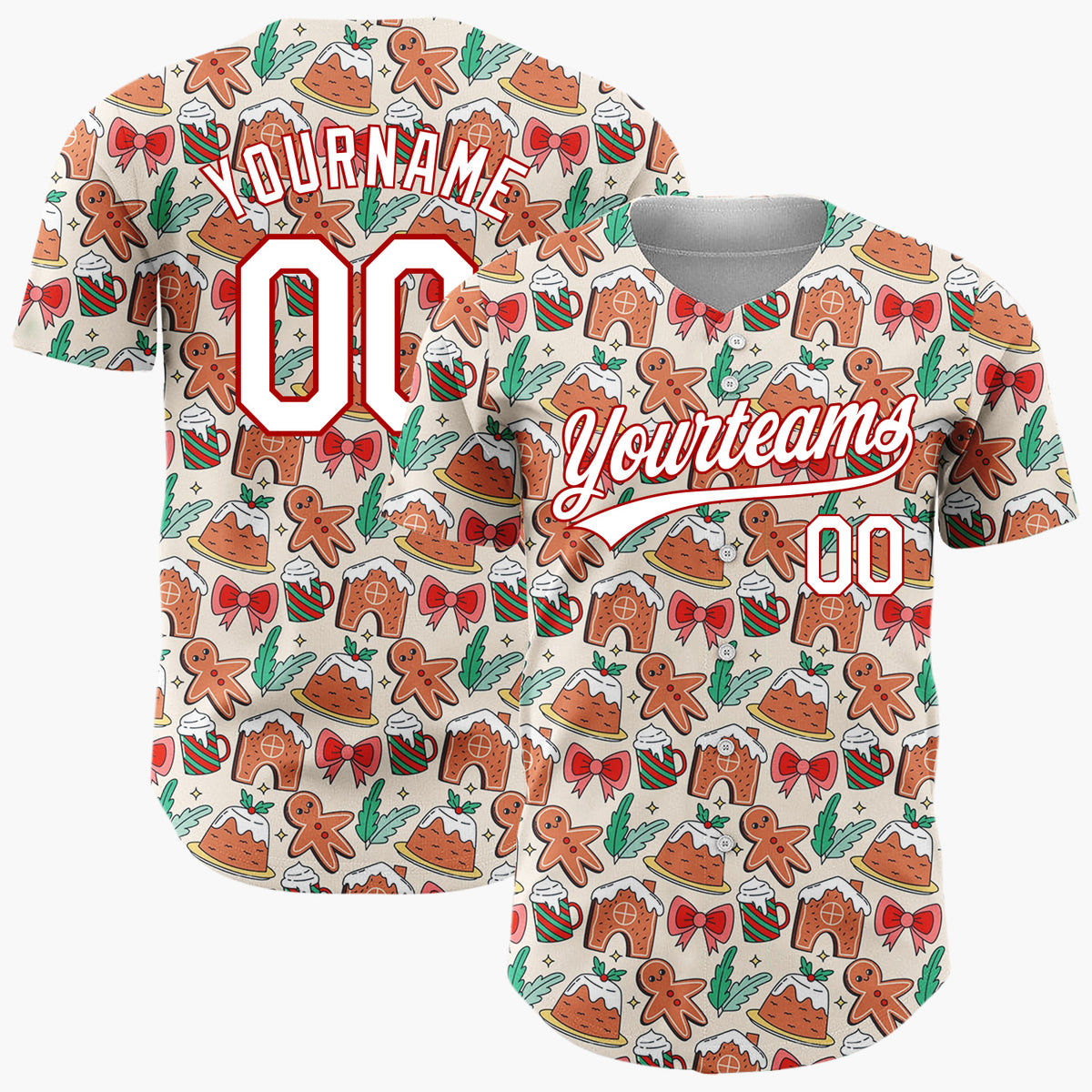 Custom Beige Brown Gingerbread Houses And Man Cute Christmas Baking Pattern Christmas Baseball Jersey