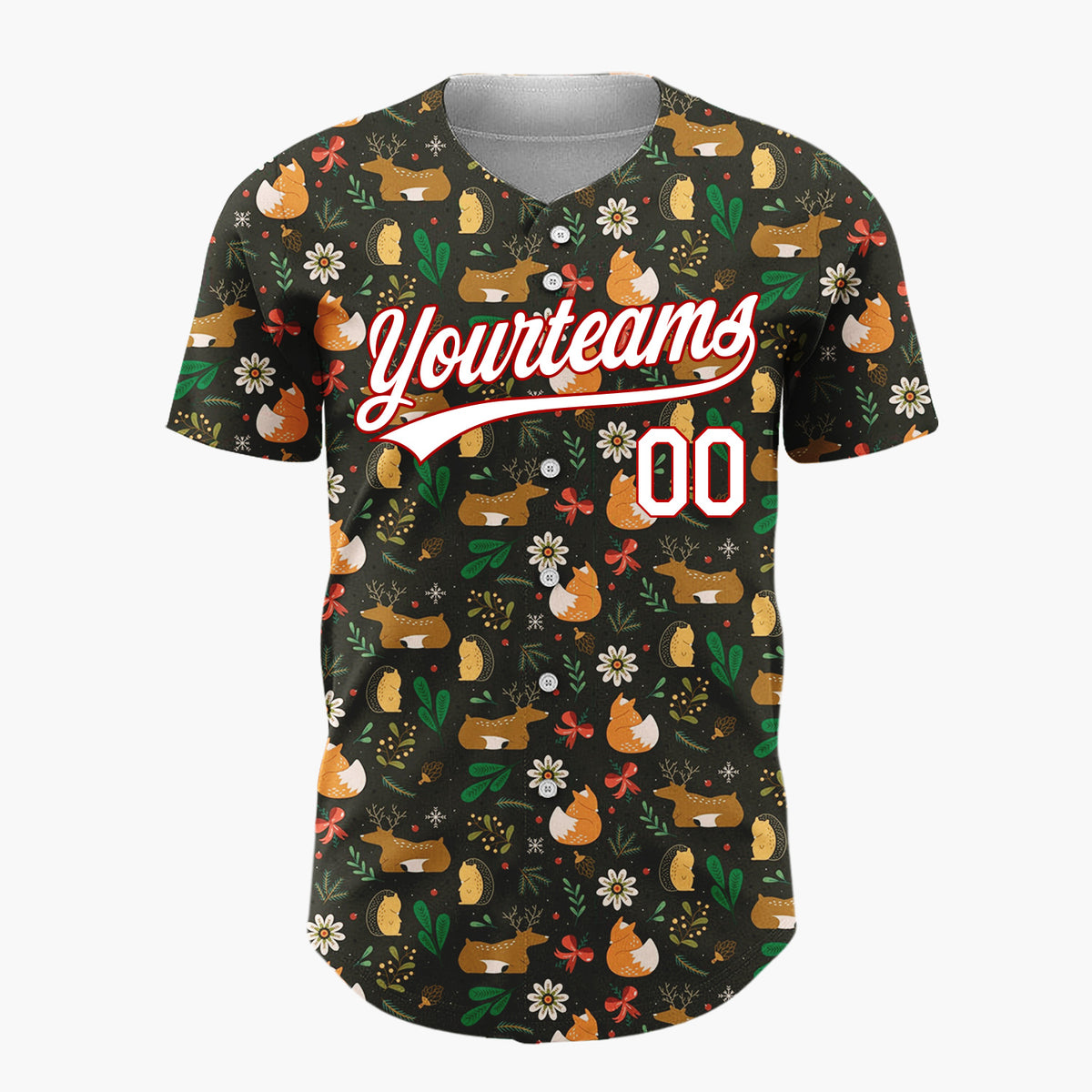 Custom Beige Reindeer Fox Woodland Cartoon Pattern Christmas Baseball Jersey