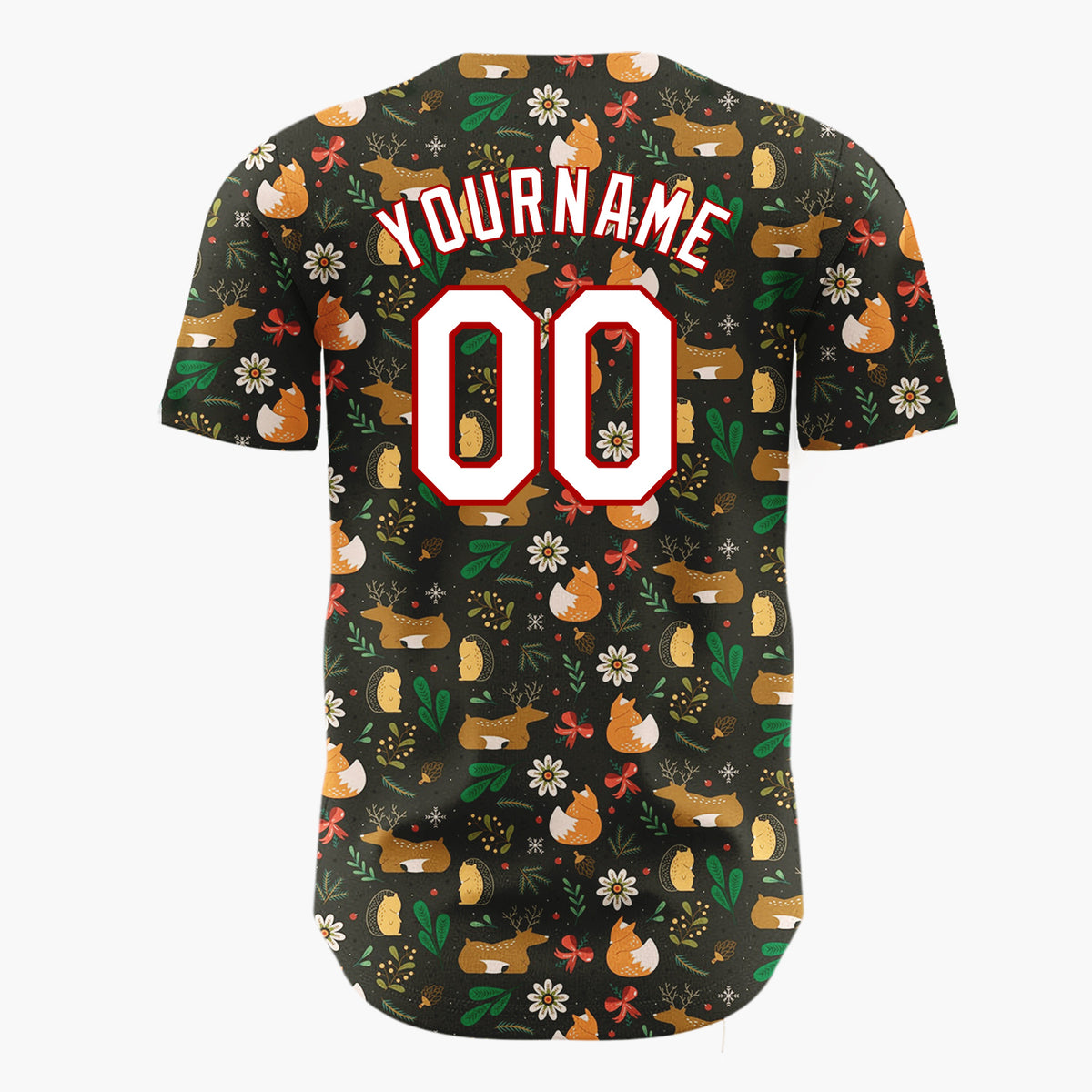 Custom Beige Reindeer Fox Woodland Cartoon Pattern Christmas Baseball Jersey
