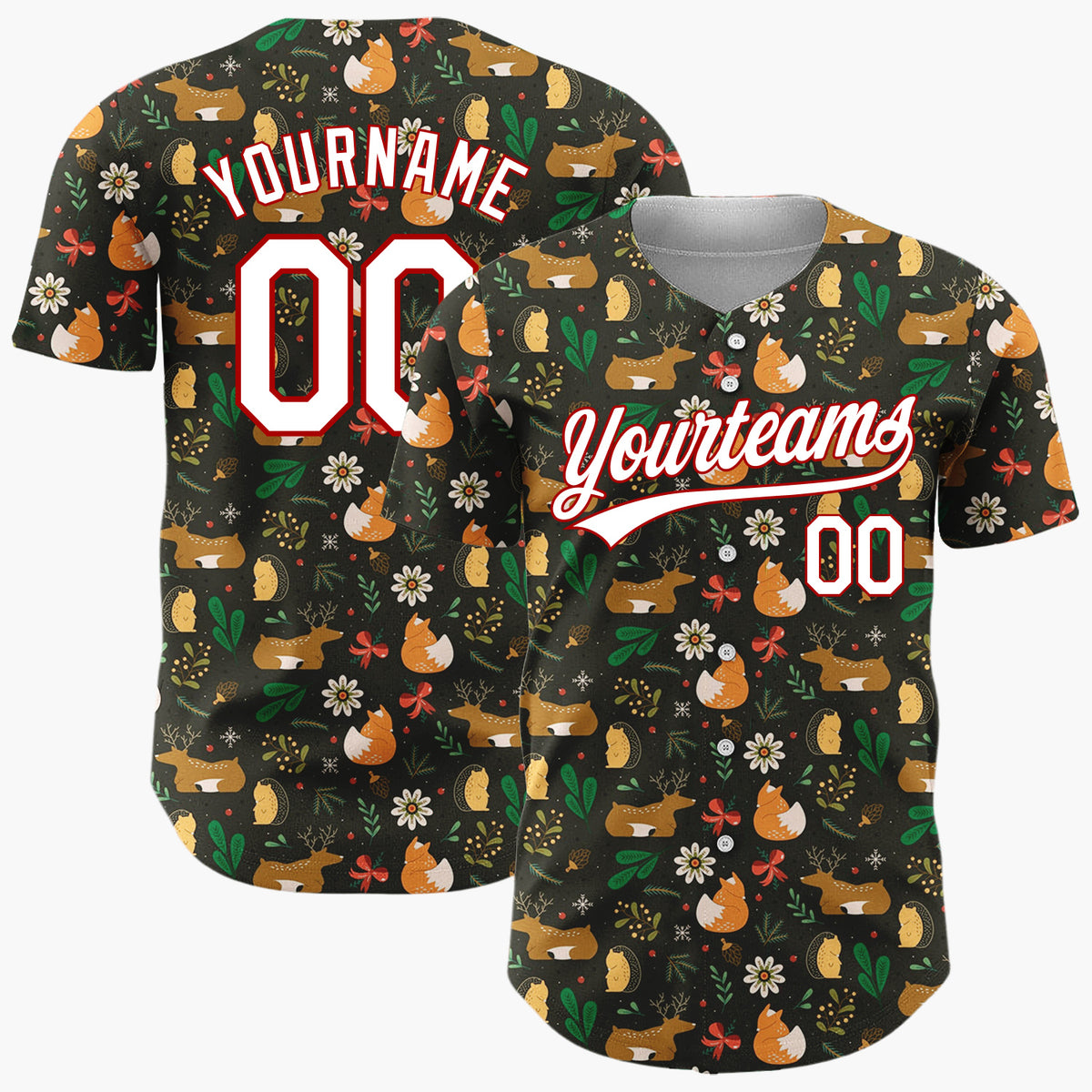Custom Beige Reindeer Fox Woodland Cartoon Pattern Christmas Baseball Jersey