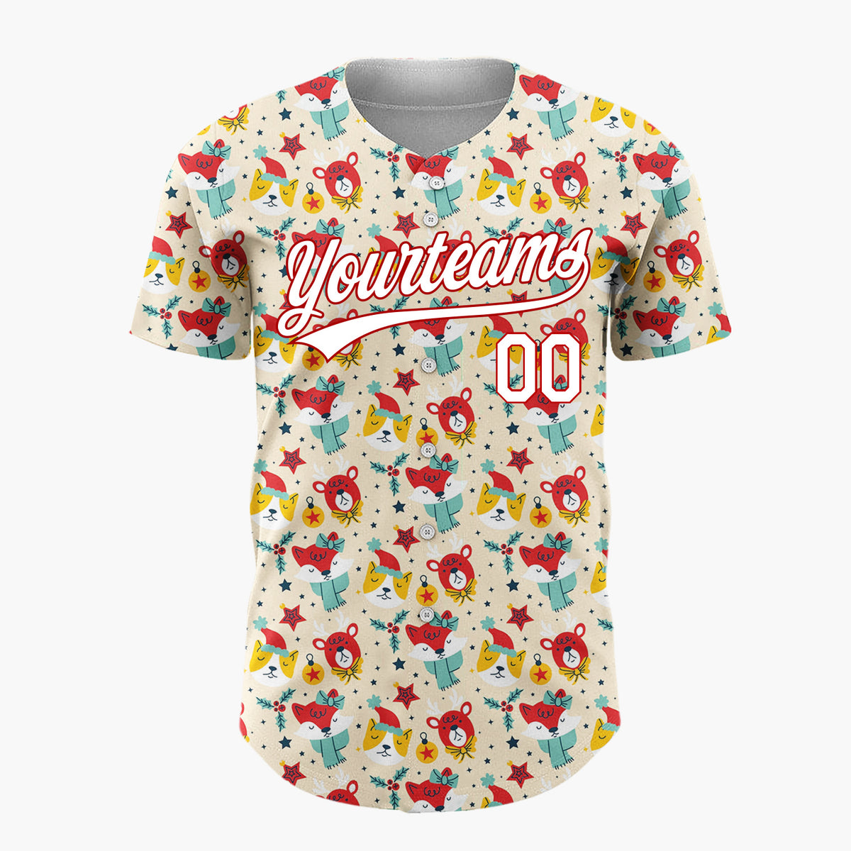 Custom Beige Red Yellow Reindeer Foxes Funny Animals Christmas Doodle Pattern Christmas Baseball Jersey