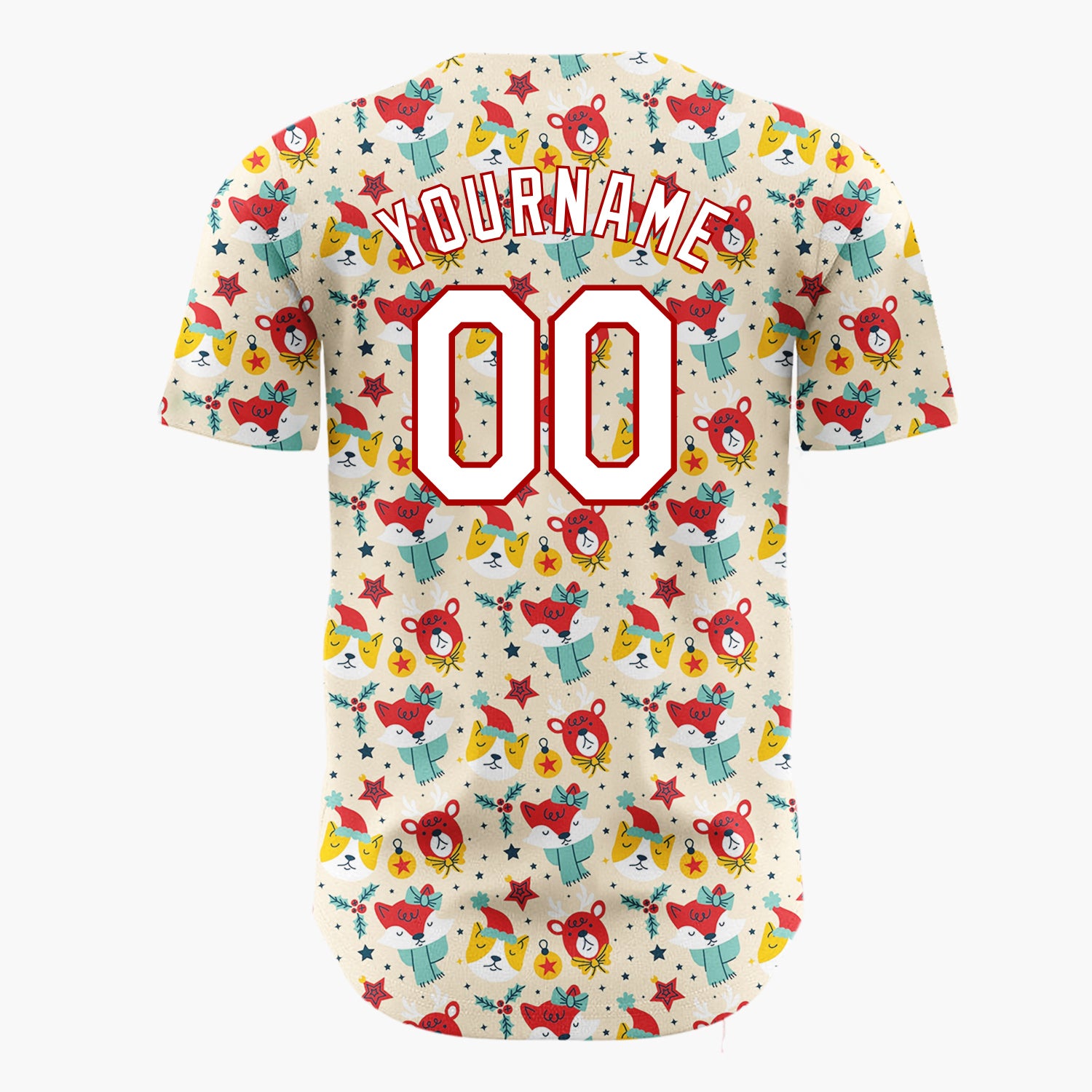 Custom Beige Red Yellow Reindeer Foxes Funny Animals Christmas Doodle Pattern Christmas Baseball Jersey