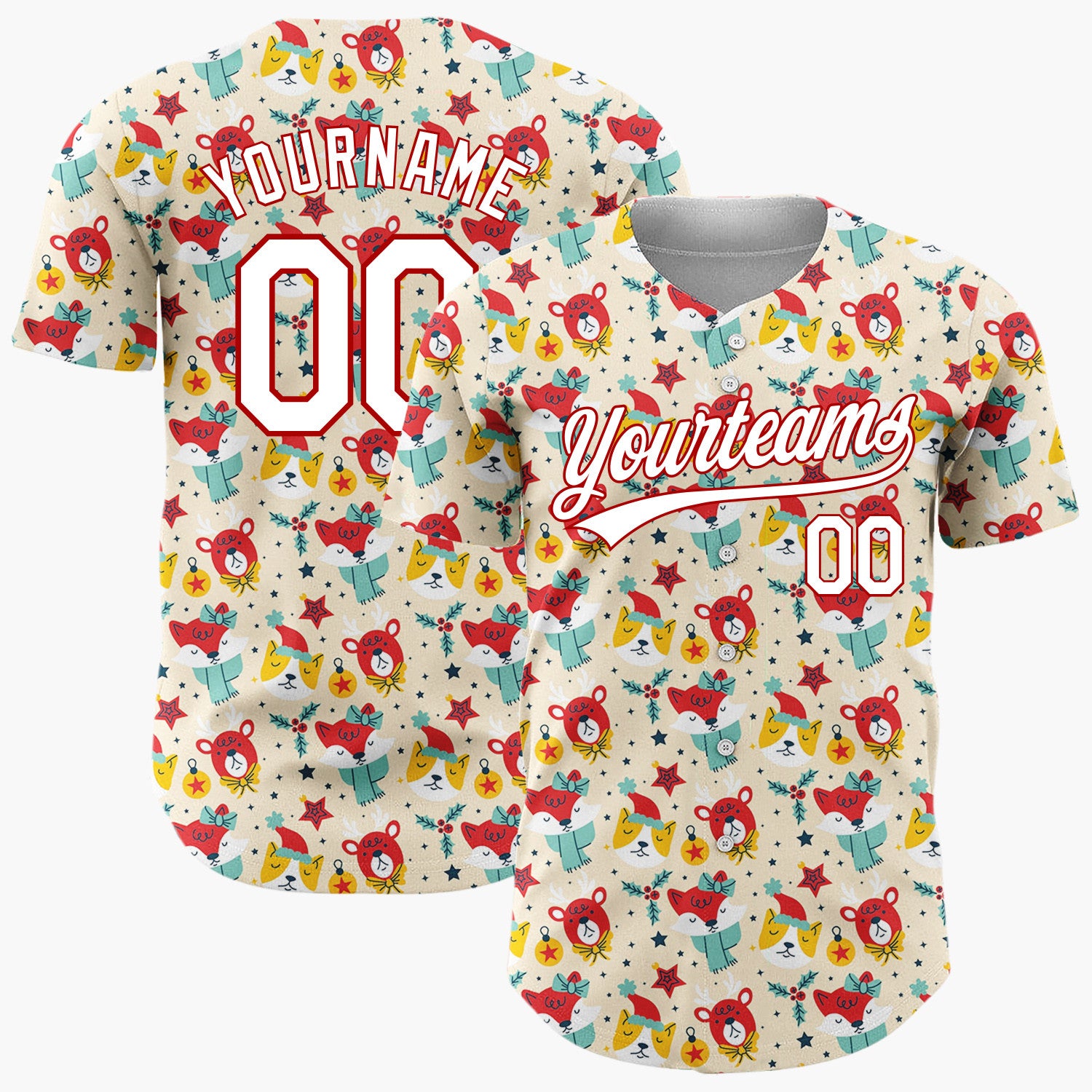 Custom Beige Red Yellow Reindeer Foxes Funny Animals Christmas Doodle Pattern Christmas Baseball Jersey