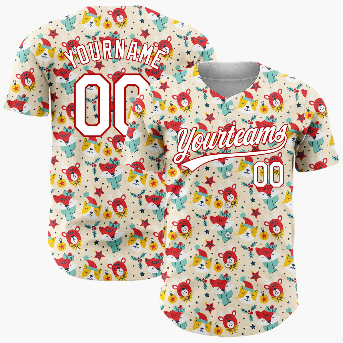 Custom Beige Red Yellow Reindeer Foxes Funny Animals Christmas Doodle Pattern Christmas Baseball Jersey