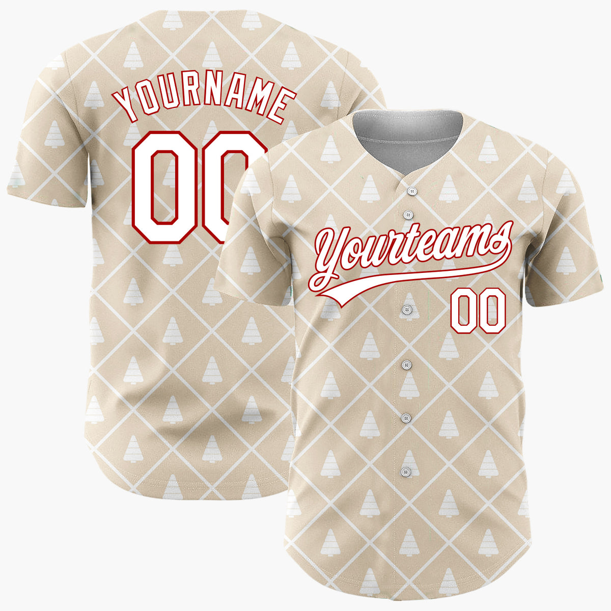 Custom Beige White Christmas Tree Lattice Minimalist Pattern Christmas Baseball Jersey