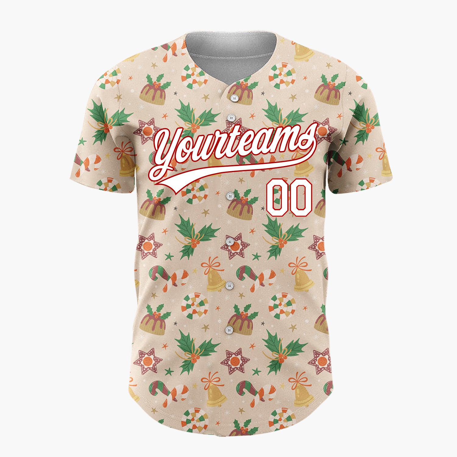 Custom Beige Candy Canes Holly And Bells Sweet Christmas Baseball Jersey