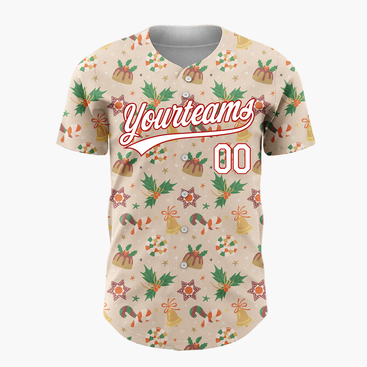 Custom Beige Candy Canes Holly And Bells Sweet Christmas Baseball Jersey