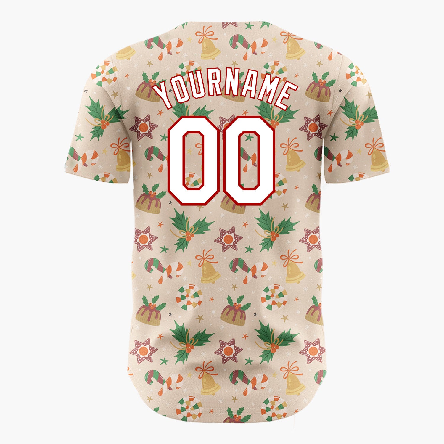 Custom Beige Candy Canes Holly And Bells Sweet Christmas Baseball Jersey