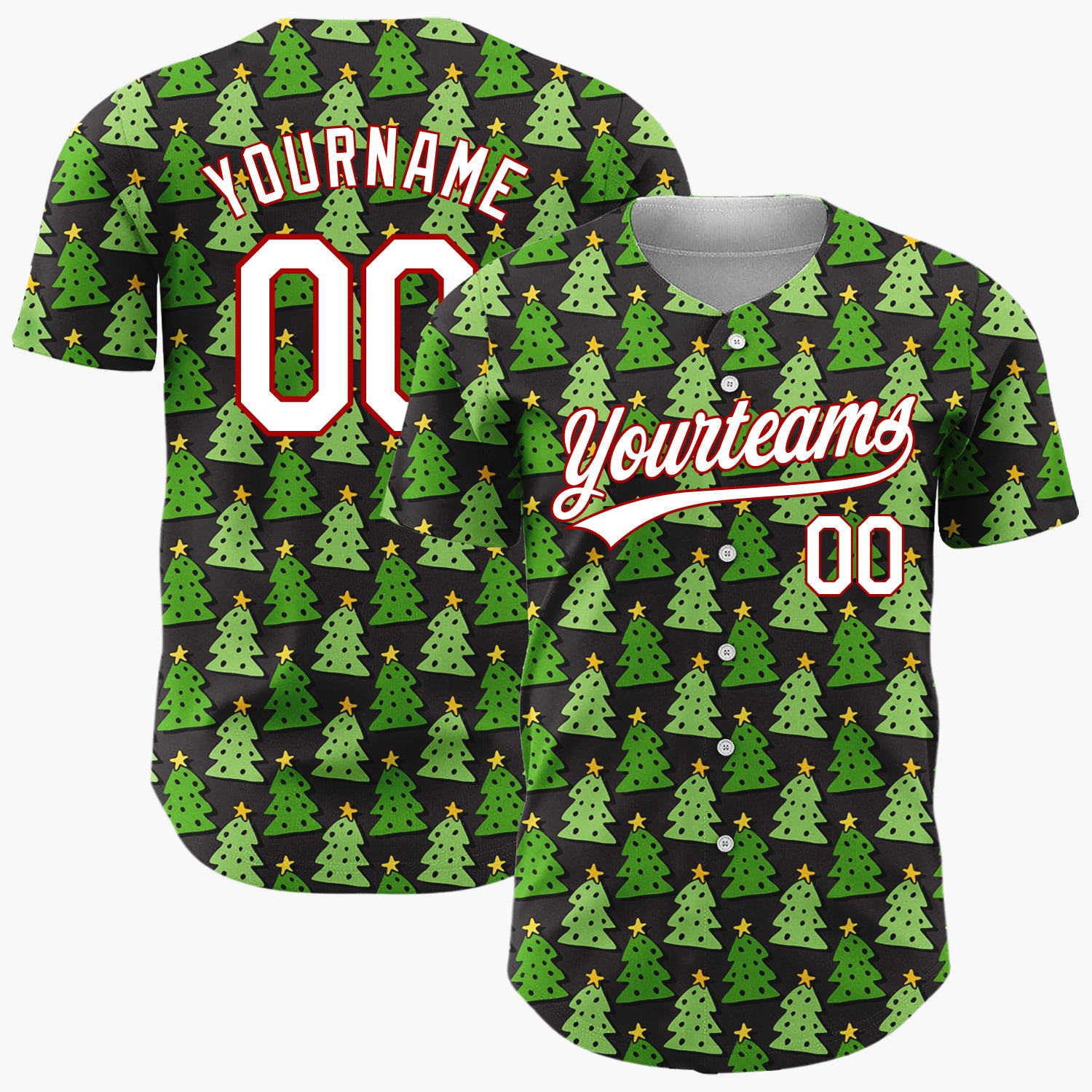 Custom Black Green Illustrated Christmas Trees Simple Pattern Christmas Baseball Jersey