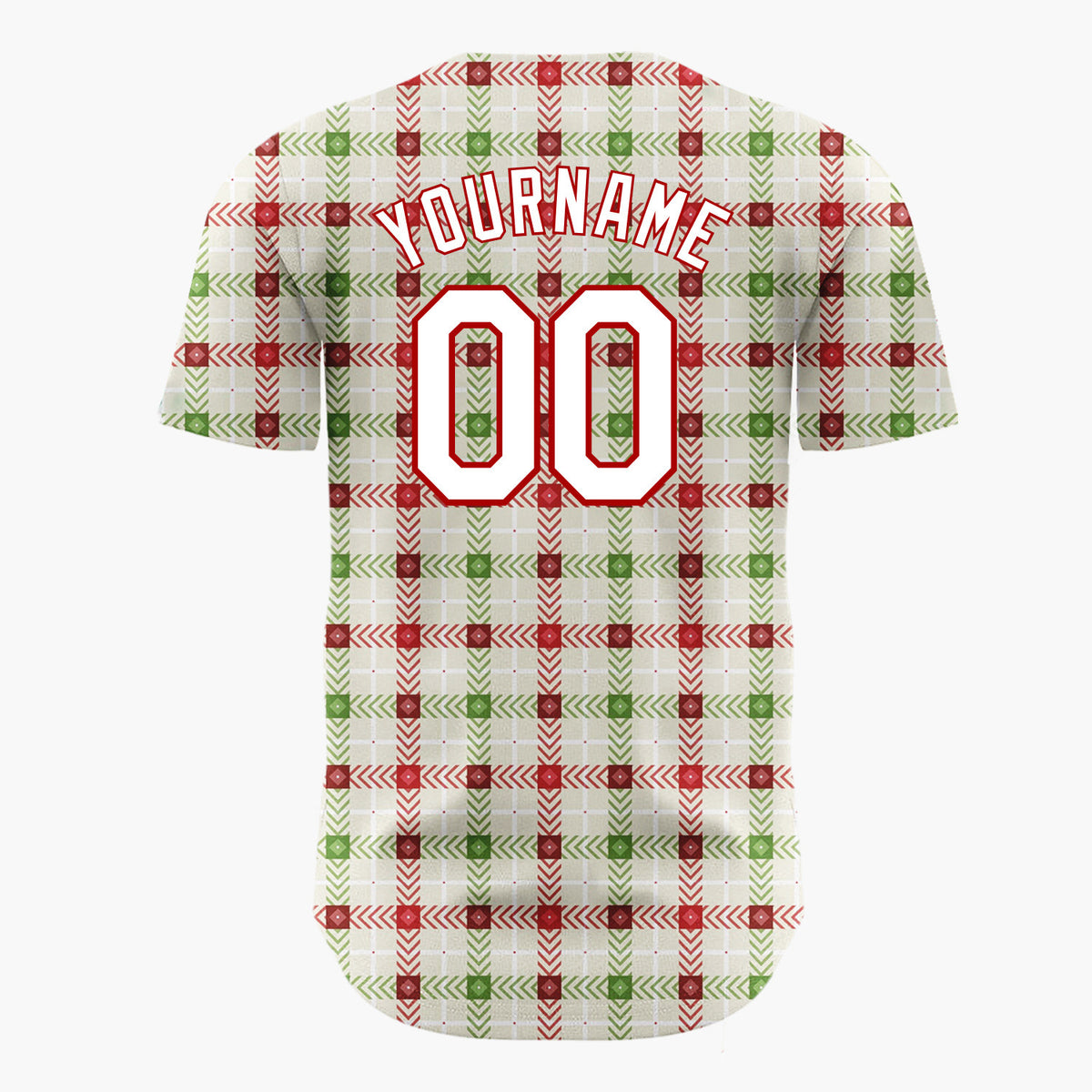 Custom Beige Red Green Chevron Christmas Plaid Pattern Christmas Baseball Jersey