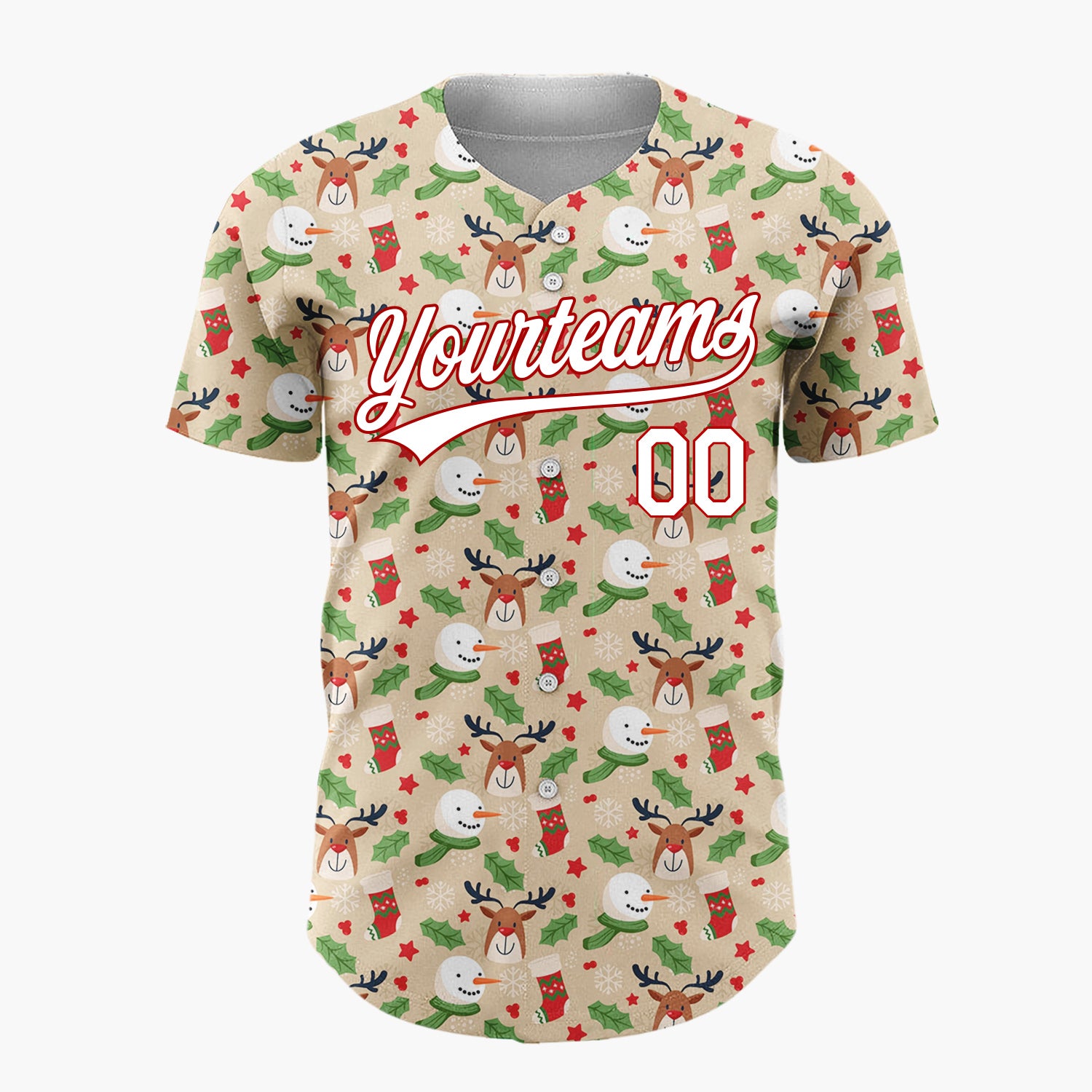 Custom Beige Holly Berries Pinecones Cartoon Pattern Christmas Baseball Jersey