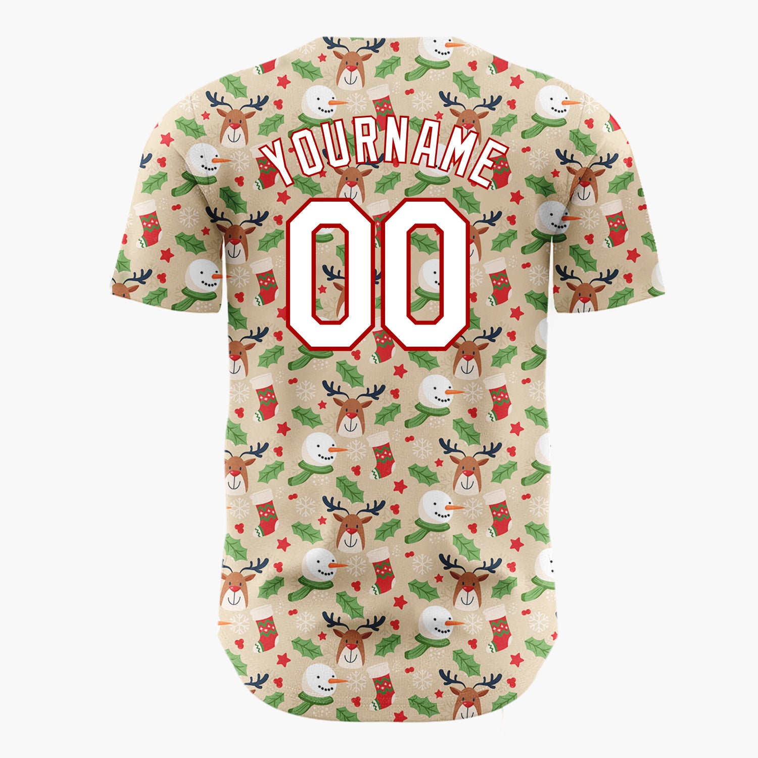 Custom Beige Holly Berries Pinecones Cartoon Pattern Christmas Baseball Jersey