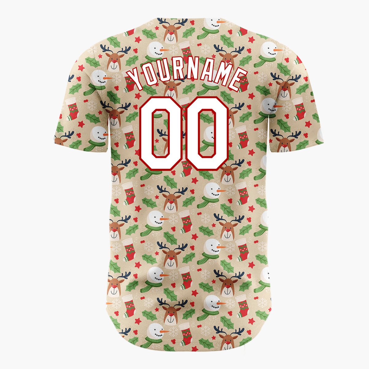 Custom Beige Holly Berries Pinecones Cartoon Pattern Christmas Baseball Jersey