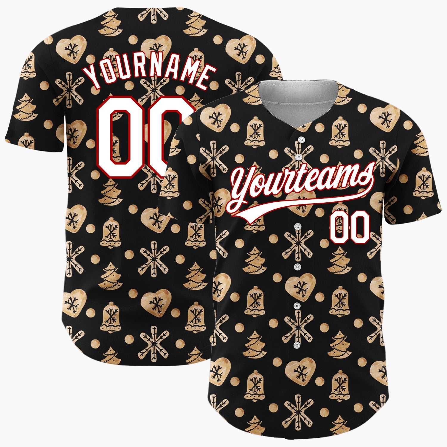 Custom Black Gingerbread Cookie Watercolor Pattern Christmas Baseball Jersey