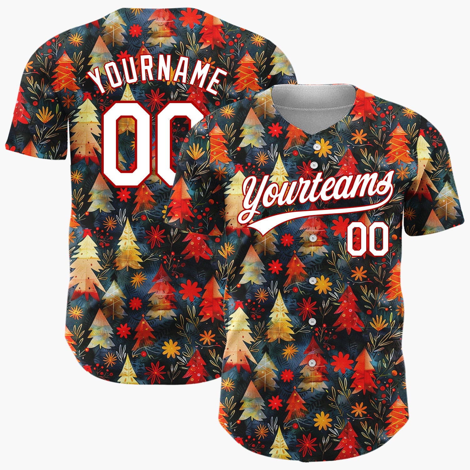 Custom Black Christmas Trees Holly Cartoon Gradient Pattern Christmas Baseball Jersey