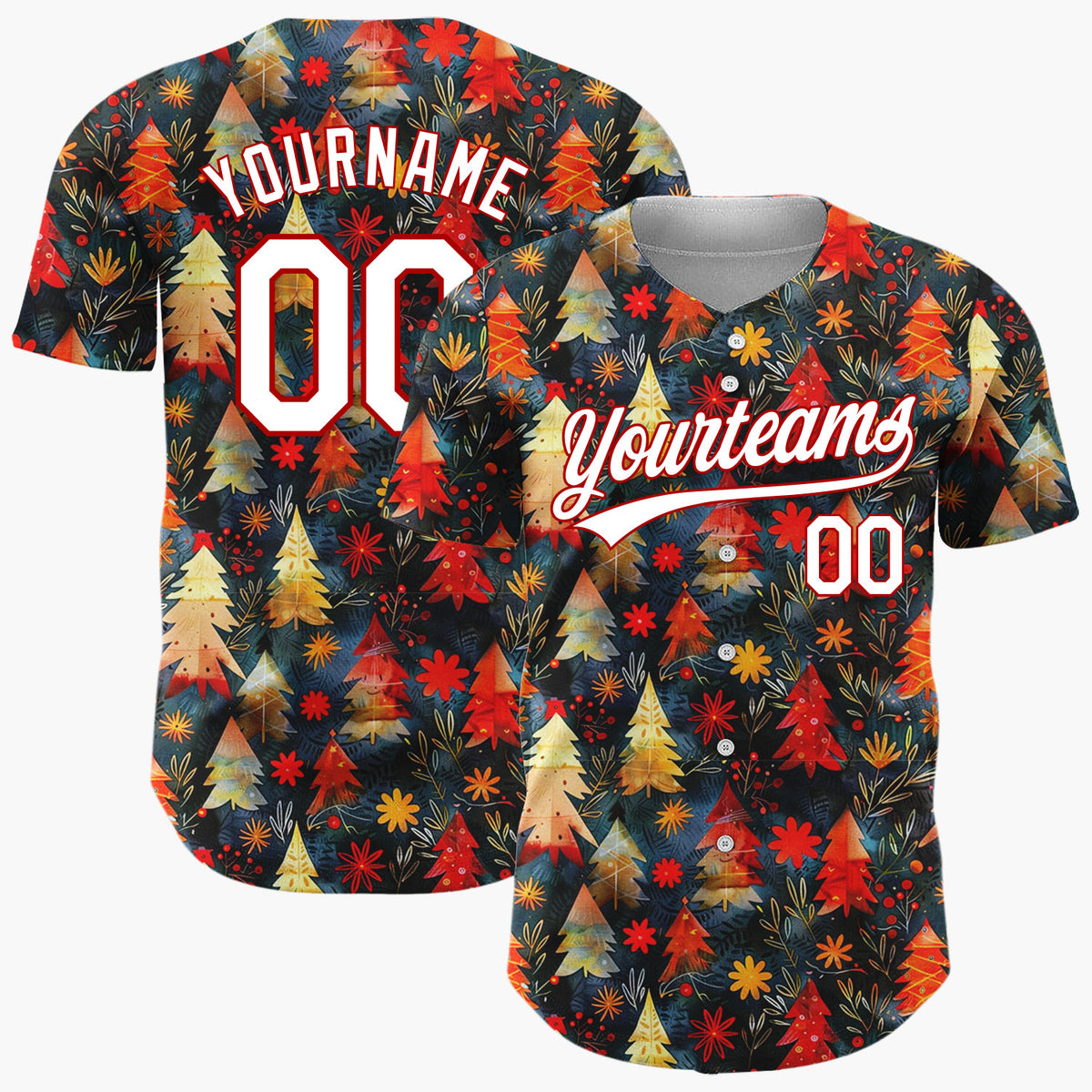 Custom Black Christmas Trees Holly Cartoon Gradient Pattern Christmas Baseball Jersey