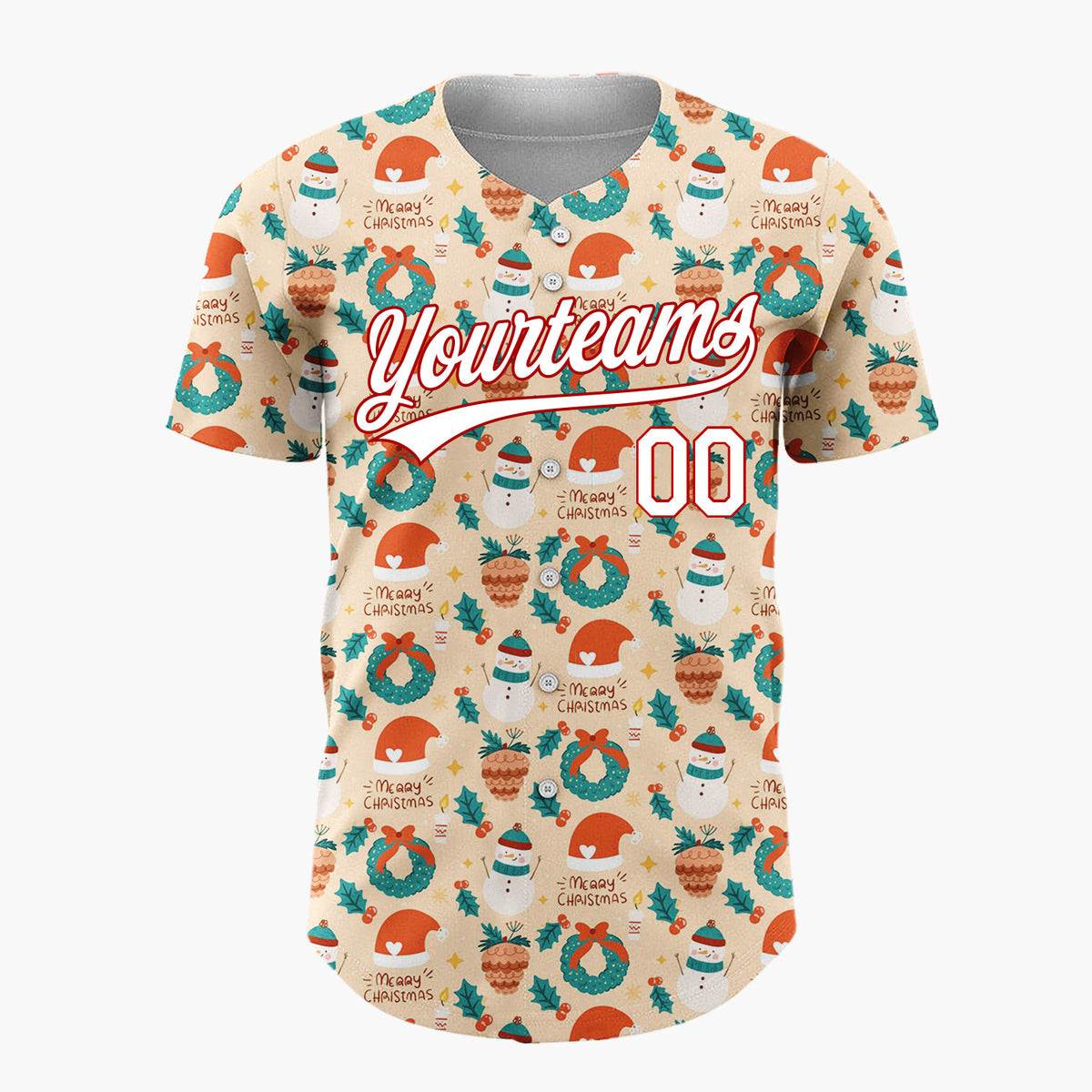 Custom Beige Christmas Wreaths Doodles Cartoon Pattern Christmas Baseball Jersey