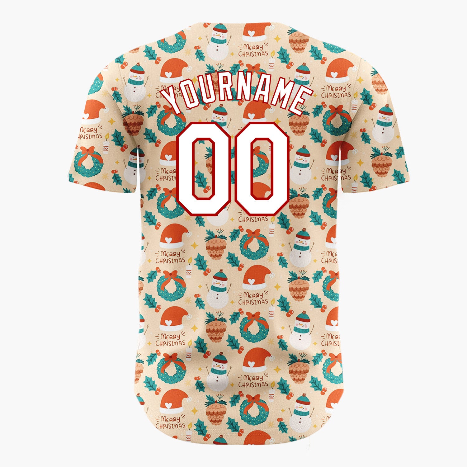 Custom Beige Christmas Wreaths Doodles Cartoon Pattern Christmas Baseball Jersey