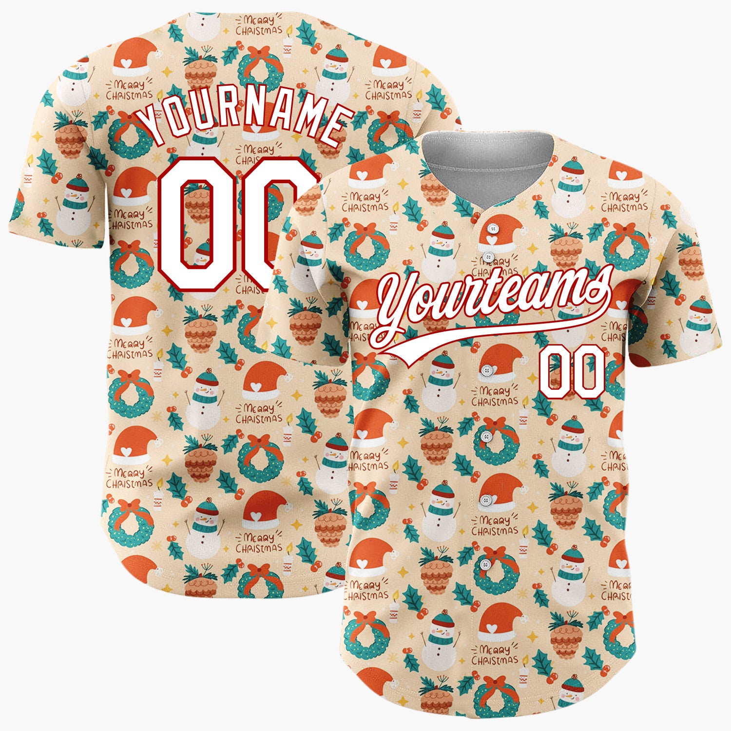Custom Beige Christmas Wreaths Doodles Cartoon Pattern Christmas Baseball Jersey