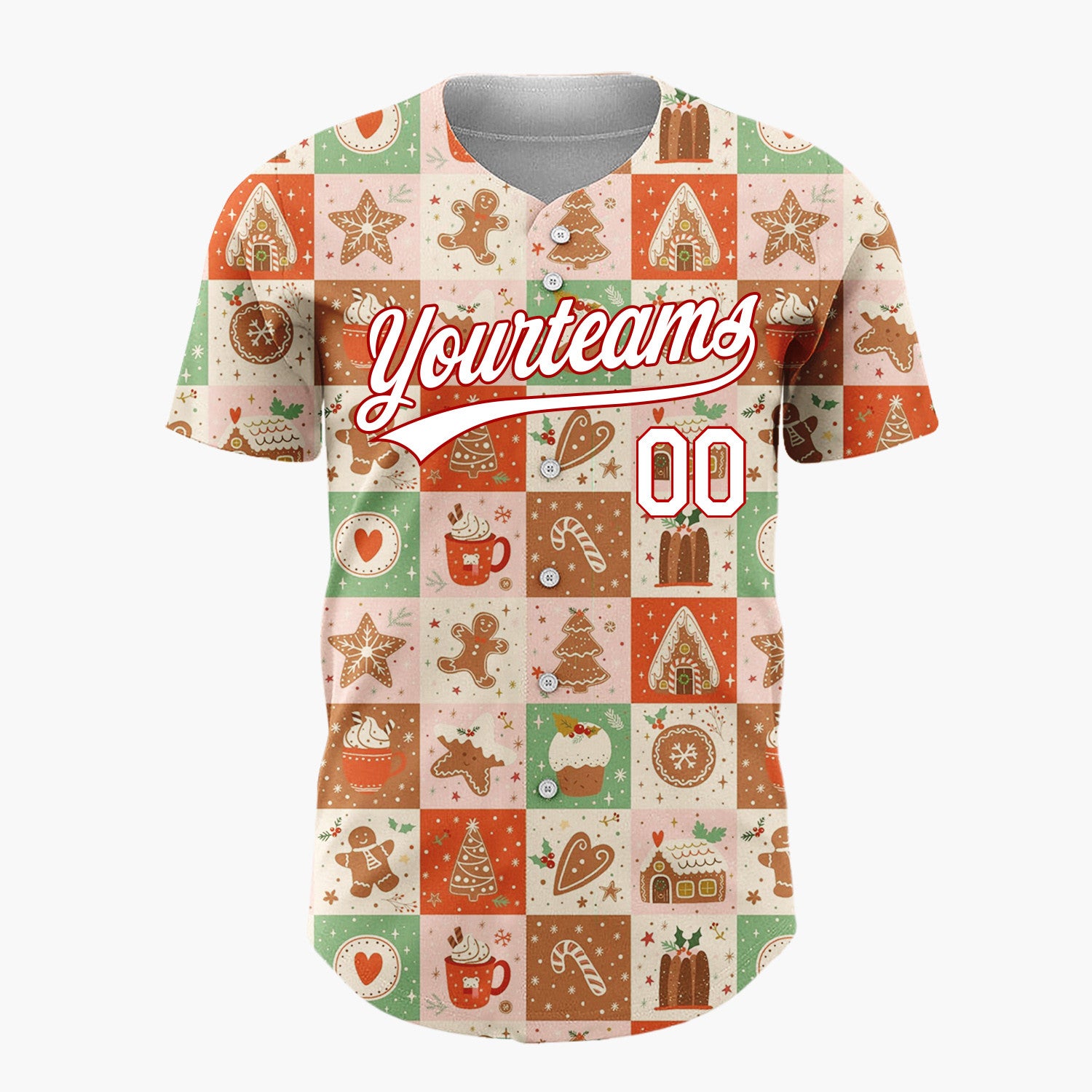 Custom Beige Gingerbread Bear Tiles Cartoon Pattern Christmas Baseball Jersey