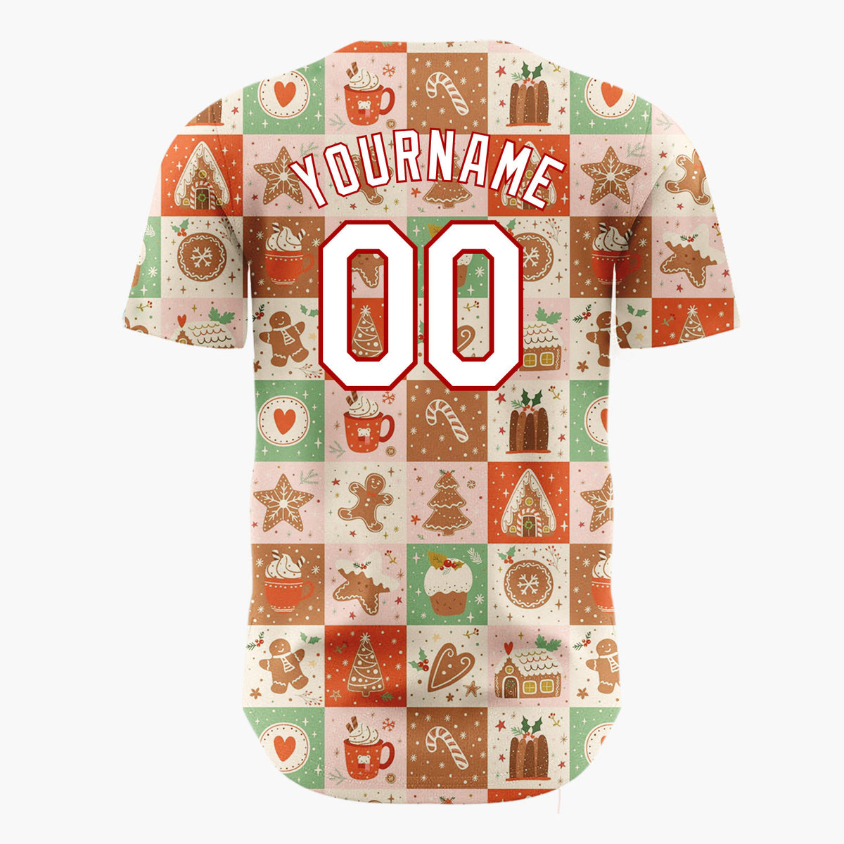 Custom Beige Gingerbread Bear Tiles Cartoon Pattern Christmas Baseball Jersey