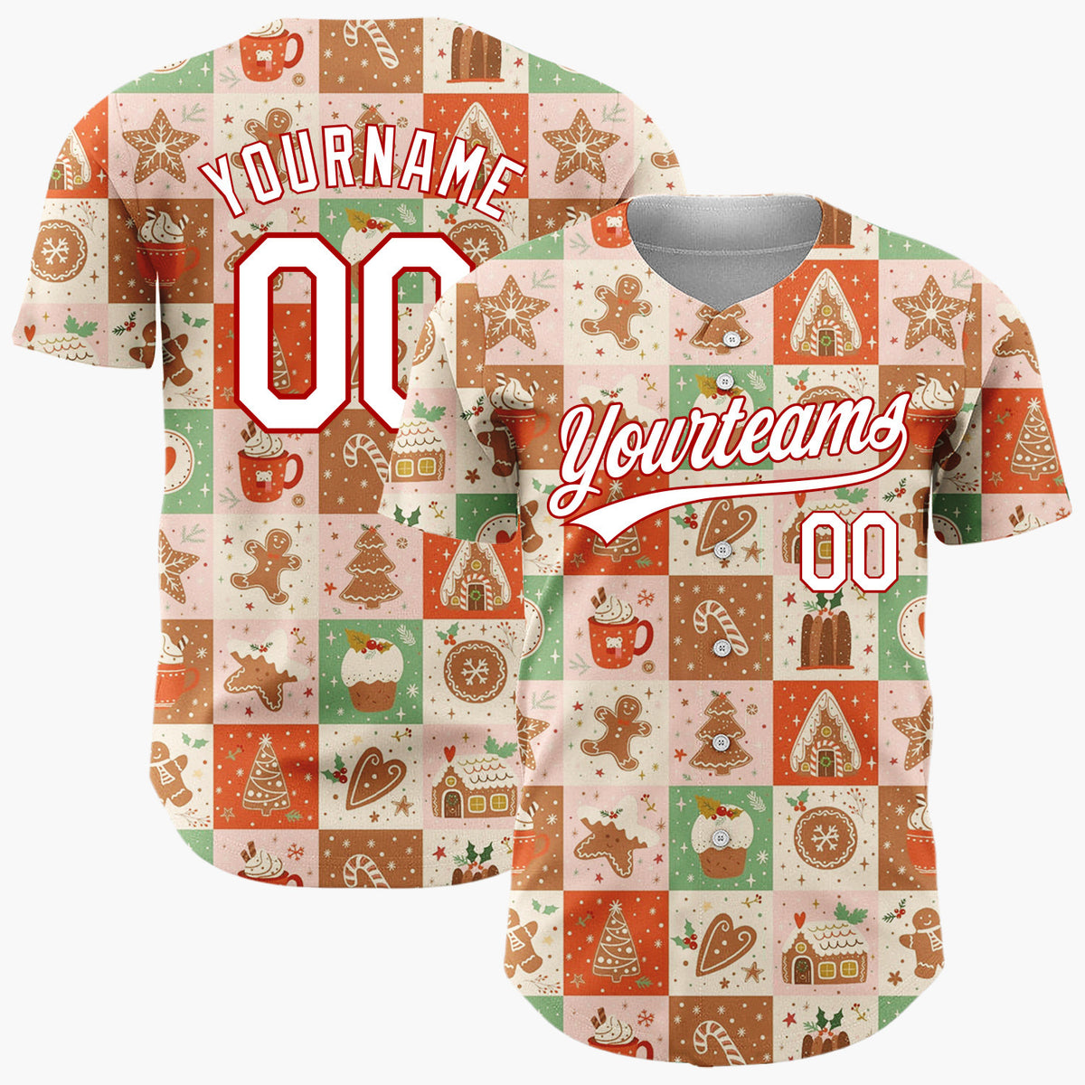 Custom Beige Gingerbread Bear Tiles Cartoon Pattern Christmas Baseball Jersey