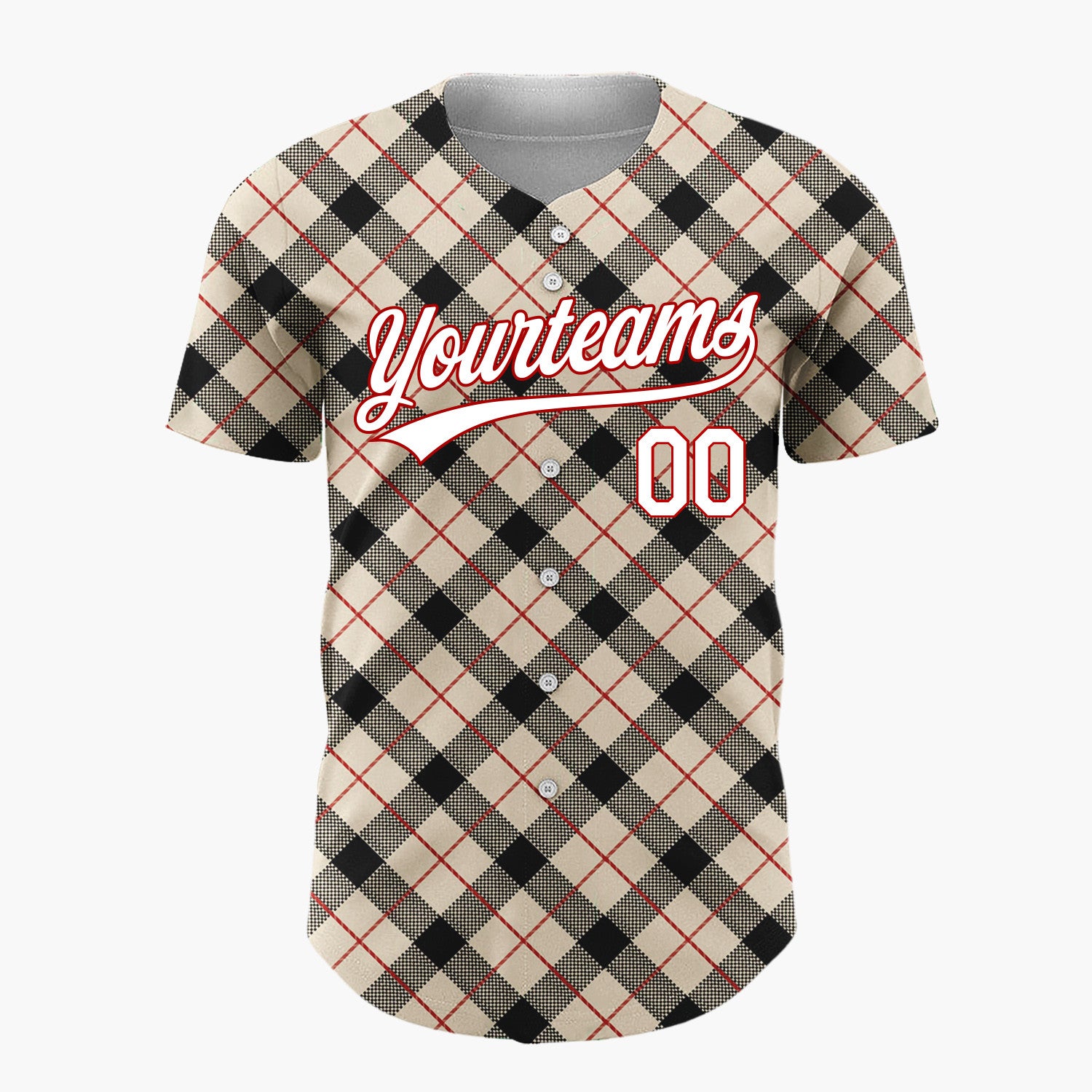 Custom Beige Black Plaid Red Accent Lines Classic Tartan Pattern Christmas Baseball Jersey