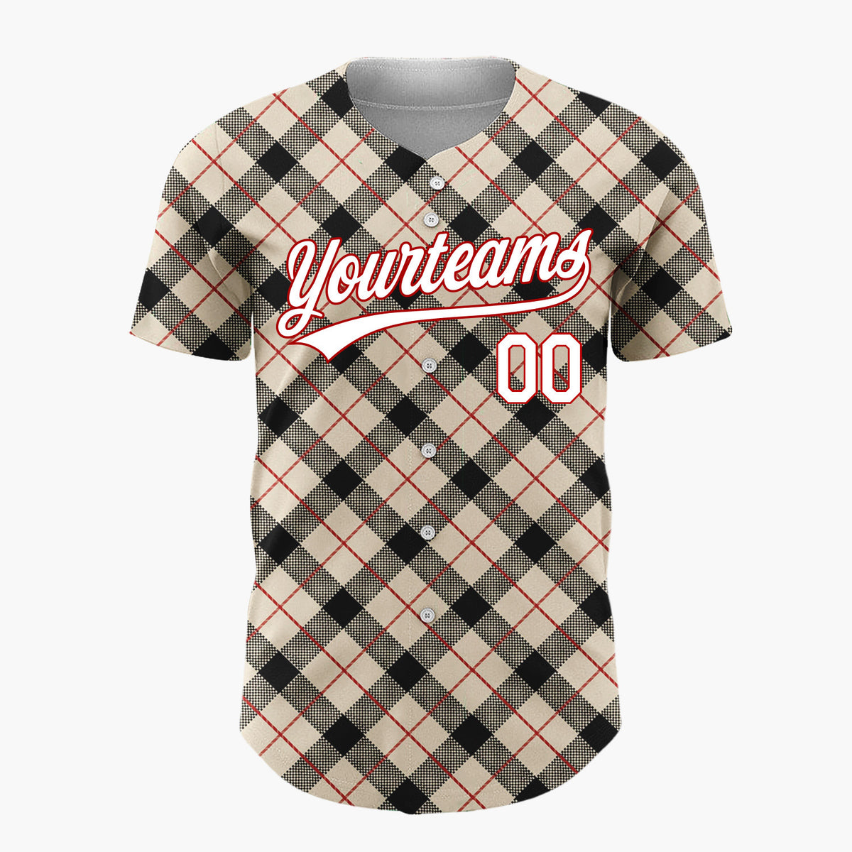 Custom Beige Black Plaid Red Accent Lines Classic Tartan Pattern Christmas Baseball Jersey